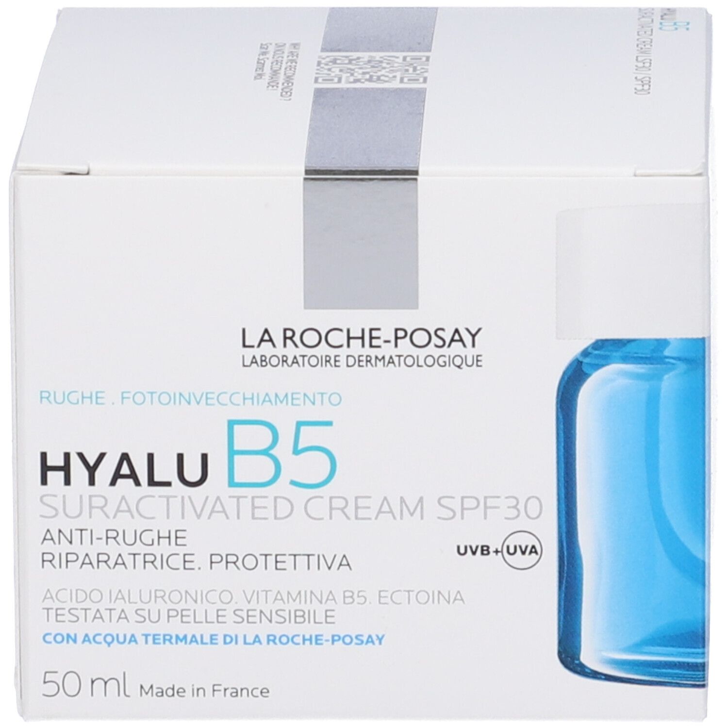 Confezione del prodotto. Scritta: La Roche-Posay, Hyalu B5 Crème Suractivée SPF30. 50ml.