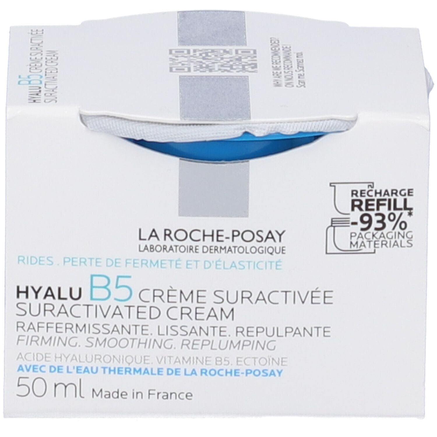 Confezione con La Roche-Posay Hyalu B5 Crema. Testo: HYALU B5 CRÈME SURACTIVÉE. 50 ml. Ricarica -93%.