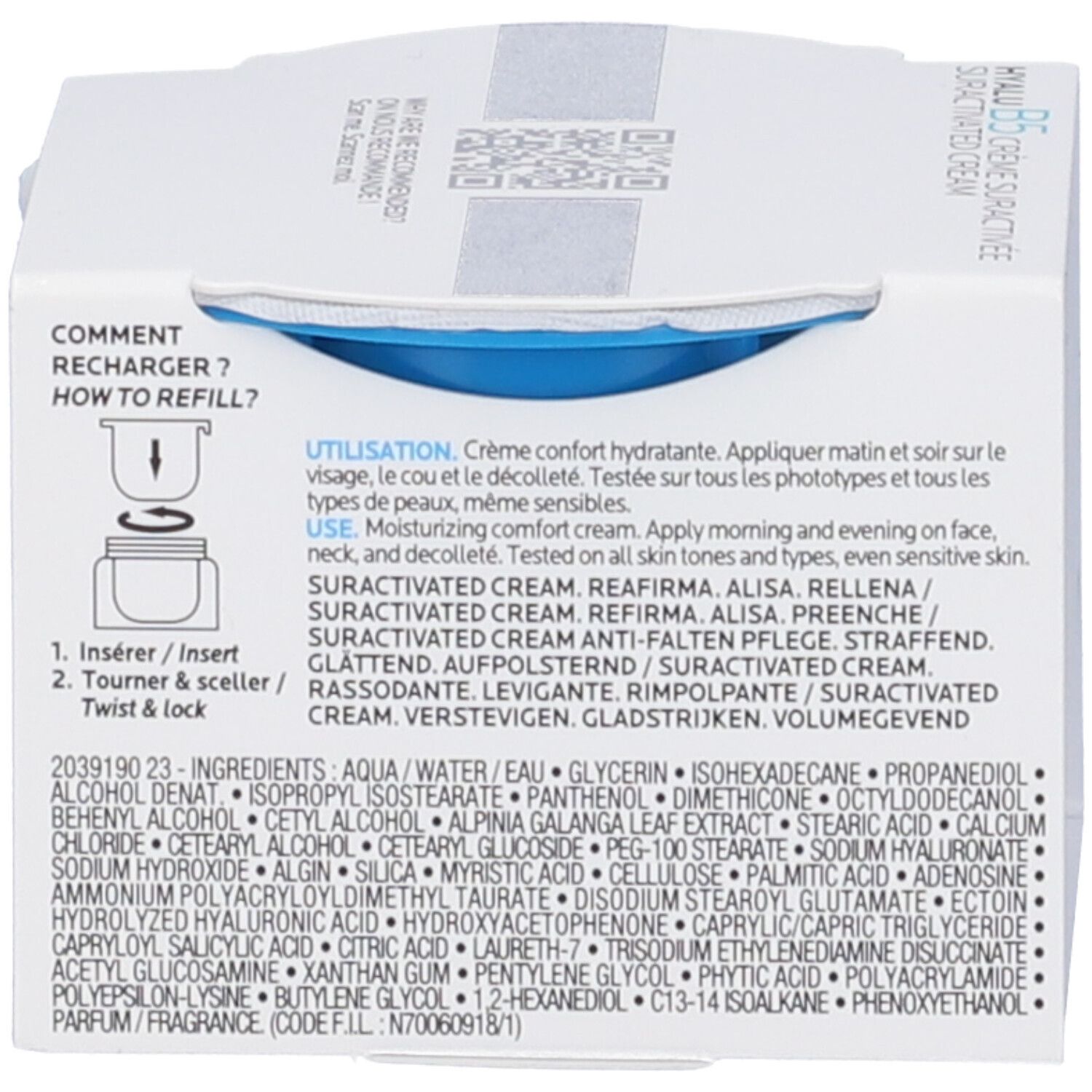 Retro della confezione. Testo: HYALU B5 CRÈME SURACTIVÉE. Ingredienti e istruzioni per l'uso.