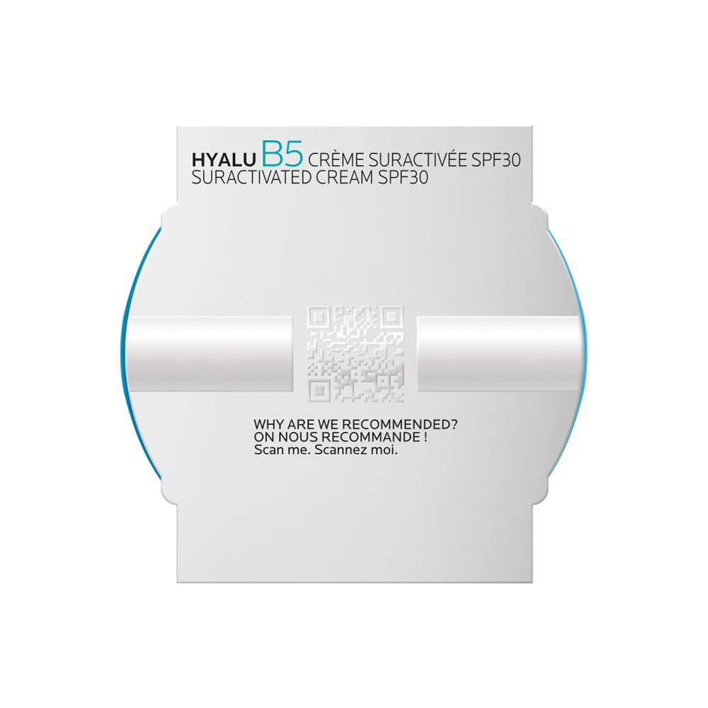 Scheda bianca con codice QR e testo: HYALU B5 CRÈME SURACTIVÉE SPF30. Scan me. Scannez moi.