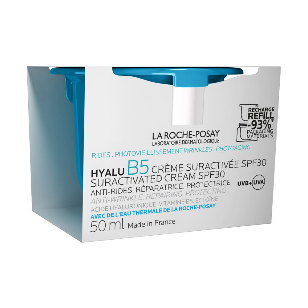Confezione con La Roche-Posay Hyalu B5 Crema. Testo: HYALU B5 CRÈME SURACTIVÉE SPF30. 50 ml. Ricarica -93%.