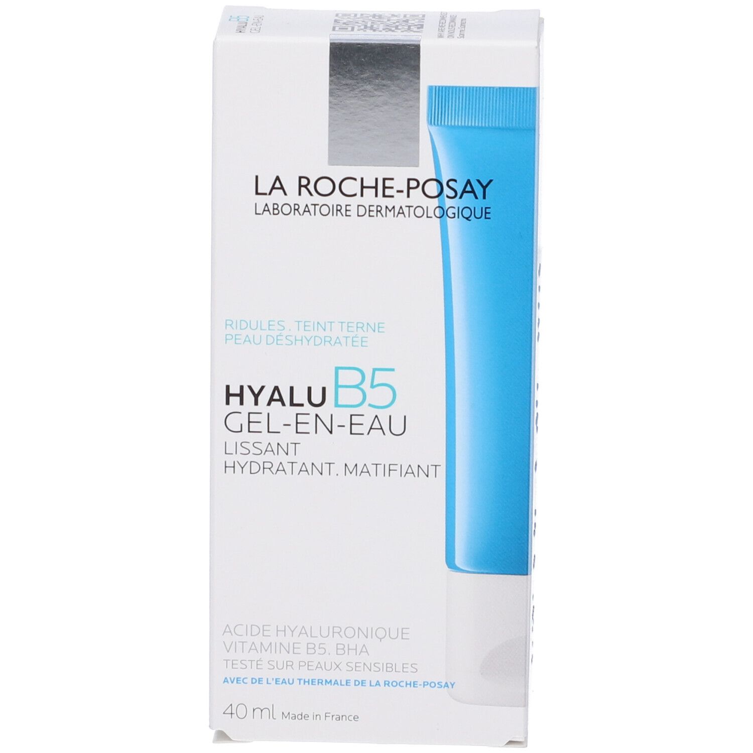 Confezione. La Roche-Posay Hyalu B5 Gel-en-Eau. 40 ml. Prodotto visibile.
