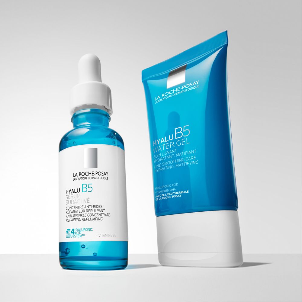 Due prodotti. La Roche-Posay Hyalu B5 Siero e Water Gel. Flacone e tubo blu.