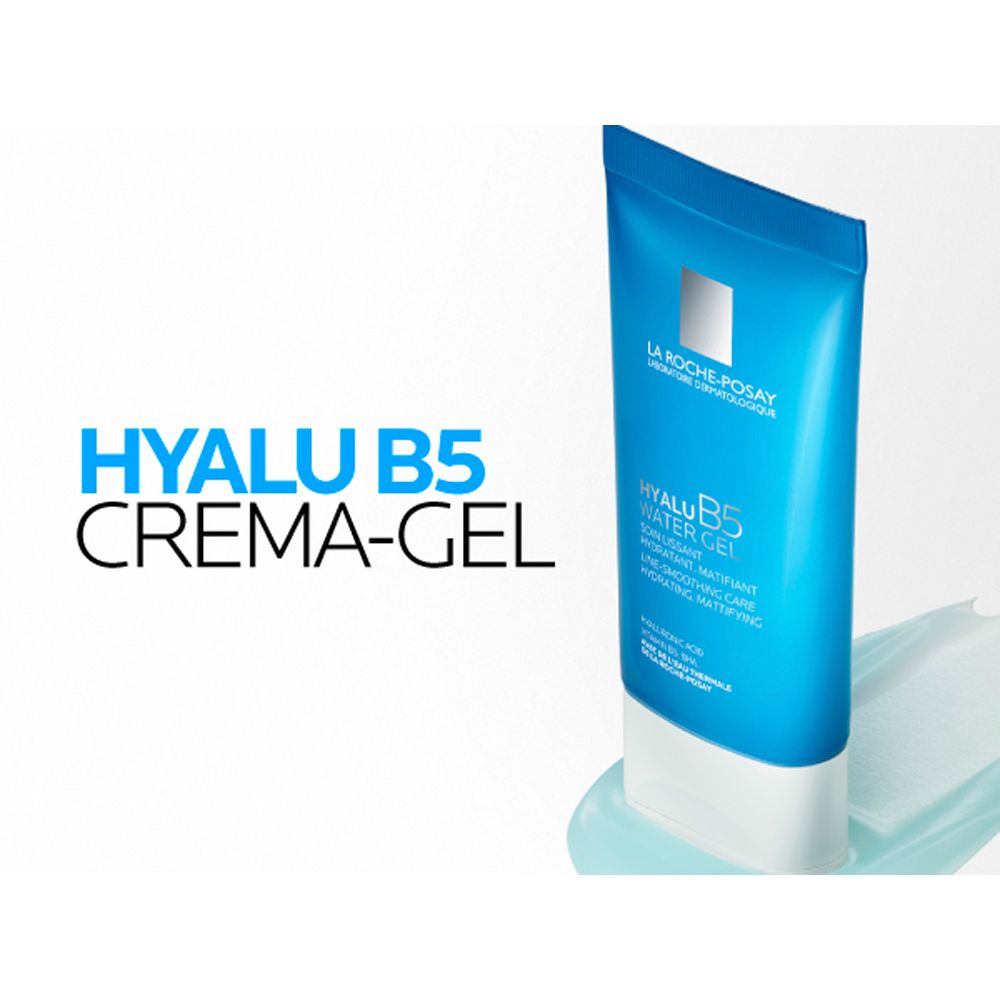 Tubo blu. Hyalu B5 Crema-Gel. La Roche-Posay. Prodotto su gel blu.