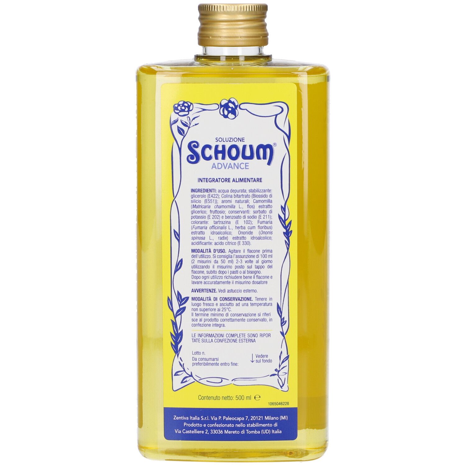 Retro di una bottiglia di vetro rettangolare con liquido giallo. Testo: Schoum Advance, ingredienti, istruzioni per l'uso.