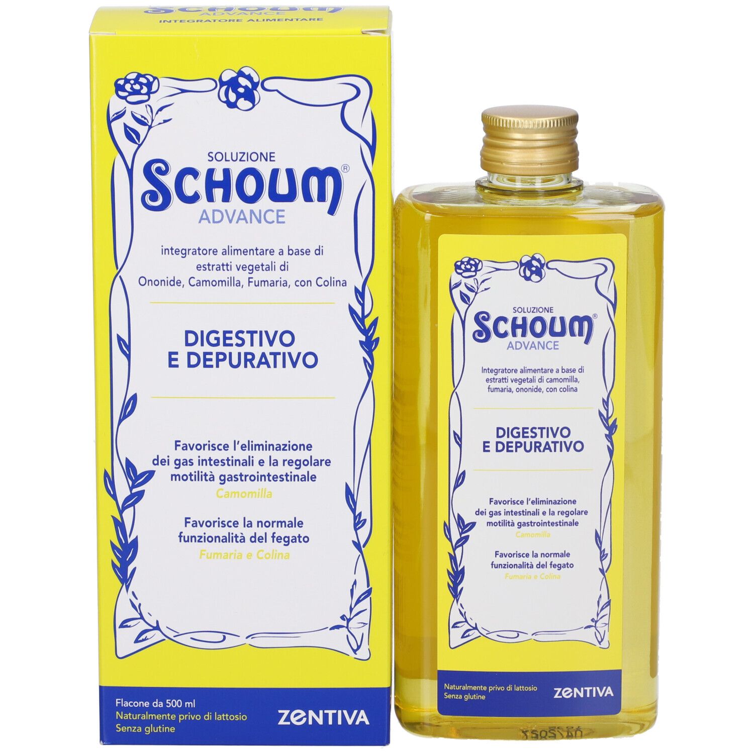 Bottiglia e confezione del prodotto. Scritta: Schoum Advance, Digestivo e Depurativo. Bottiglia con liquido giallo.
