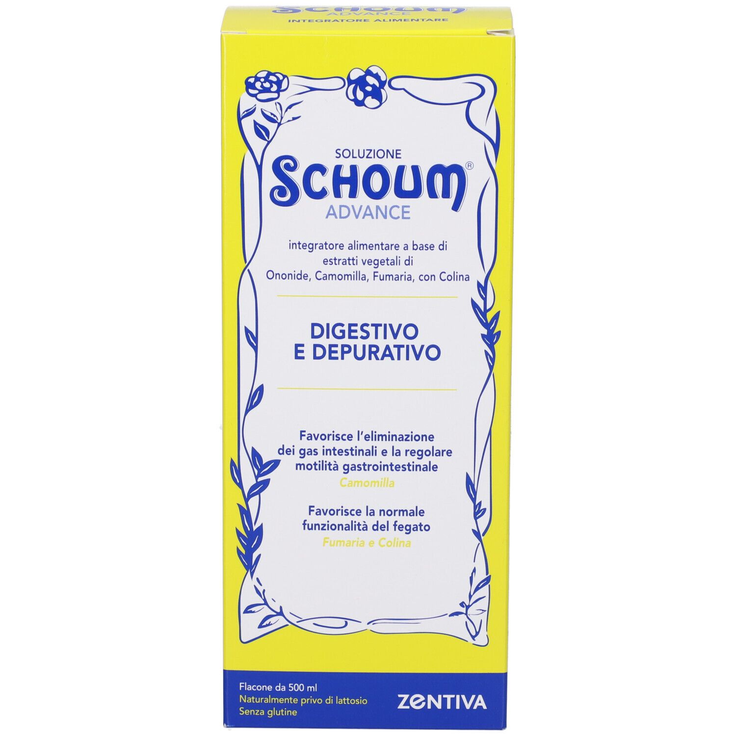 Confezione del prodotto gialla. Scritta: Schoum Advance, Digestivo e Depurativo. Testo sugli ingredienti e i benefici.