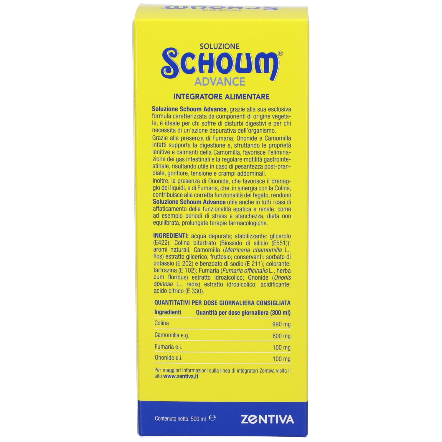 Confezione del prodotto gialla. Testo: Schoum Advance, ingredienti, dose giornaliera raccomandata.