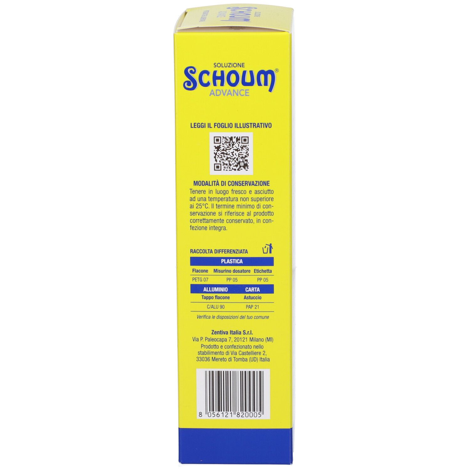 Confezione del prodotto gialla. Testo: Schoum Advance, istruzioni di conservazione, codice QR, informazioni sul riciclo.
