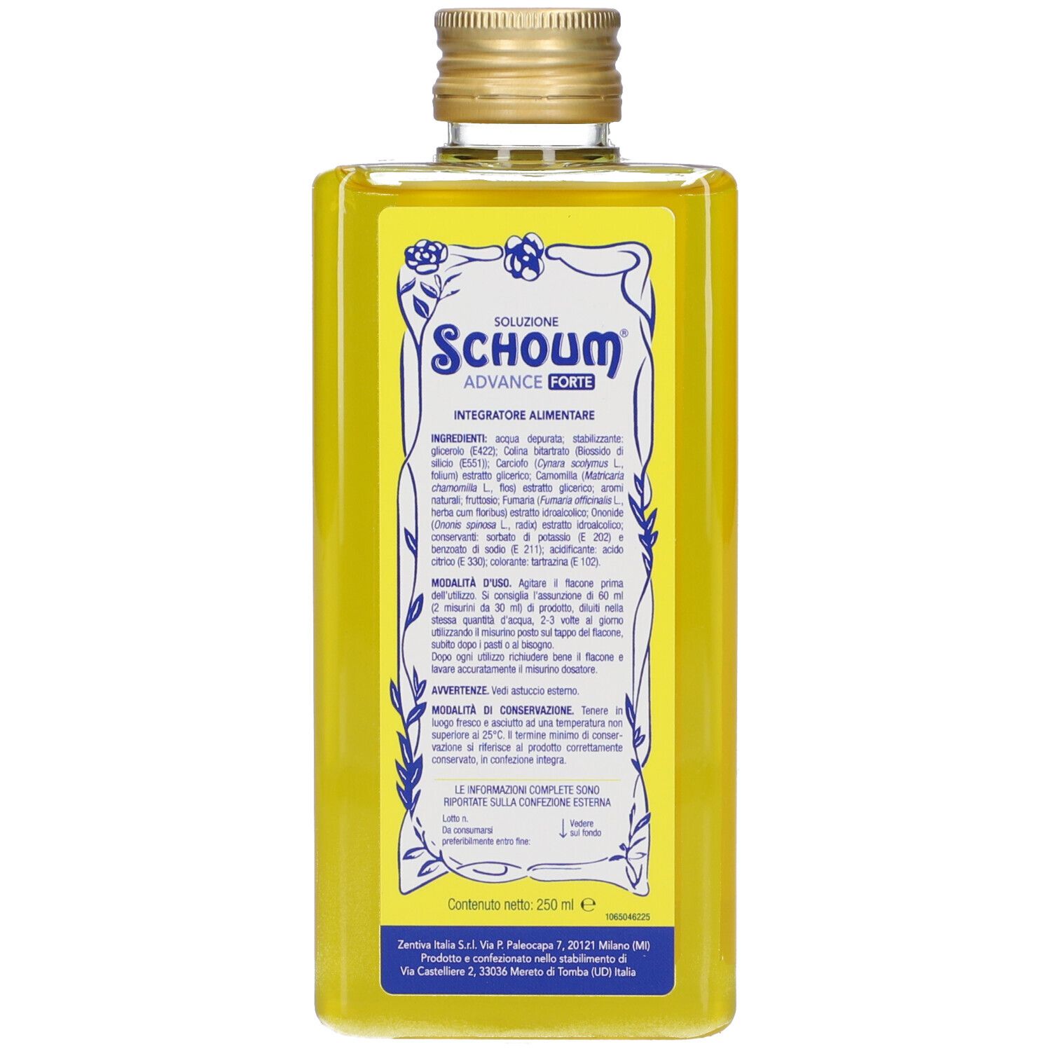 Retro del flacone giallo. Scritta: Schoum Advance Forte. Etichetta con ingredienti e istruzioni per l'uso. Logo ZENTIVA.