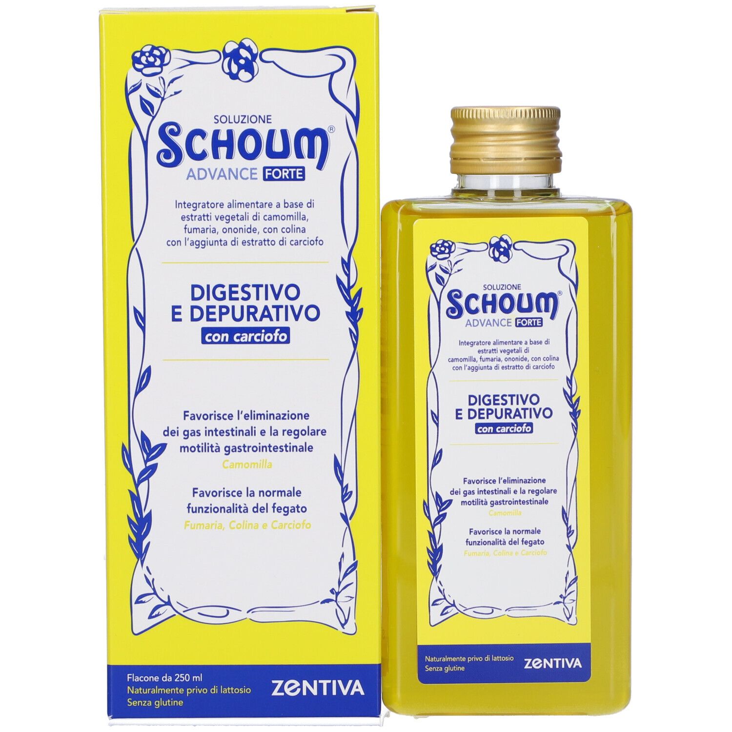 Scatola e flacone gialli. Scritta: Schoum Advance Forte. Nome del prodotto e logo. Flacone con tappo dorato.