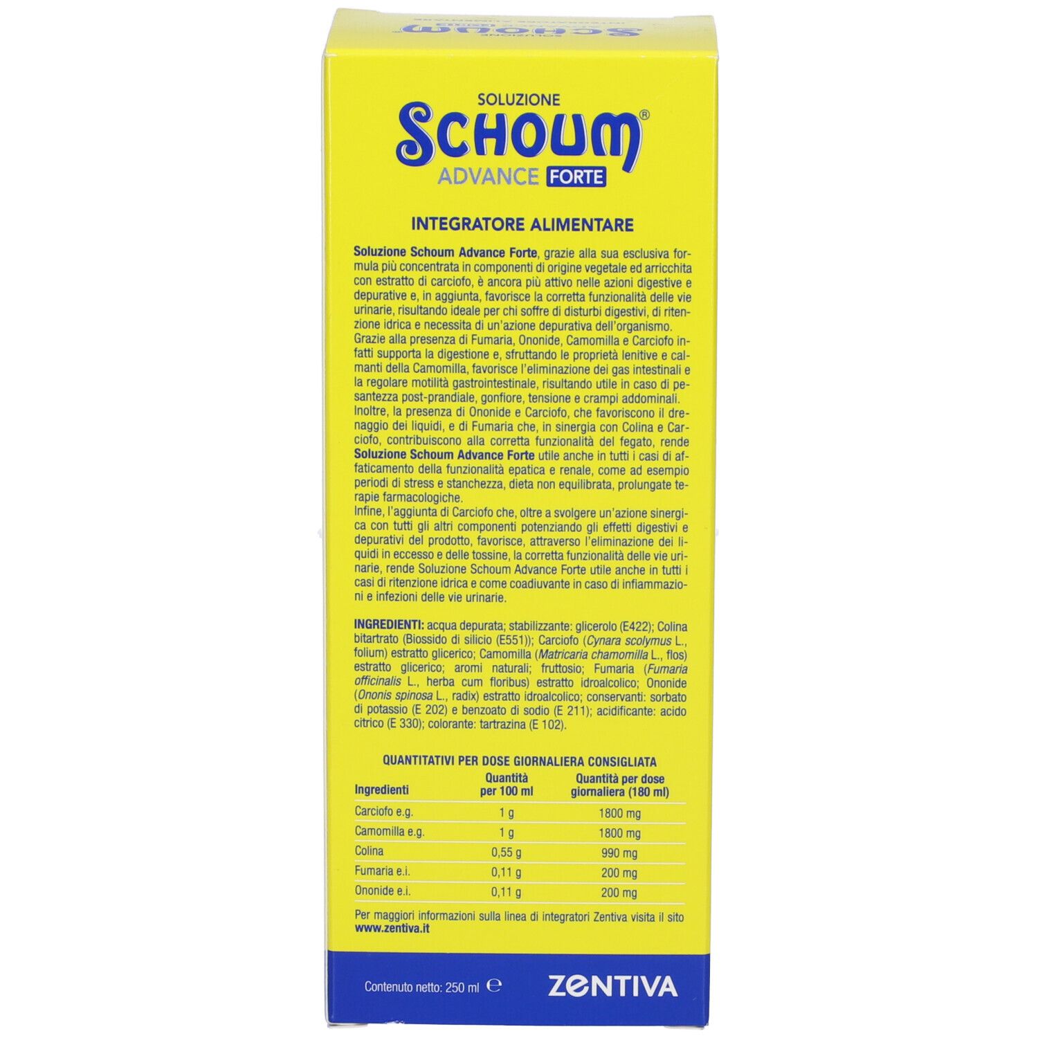 Scatola gialla. Scritta: Schoum Advance Forte. Ingredienti e informazioni nutrizionali. Logo ZENTIVA.