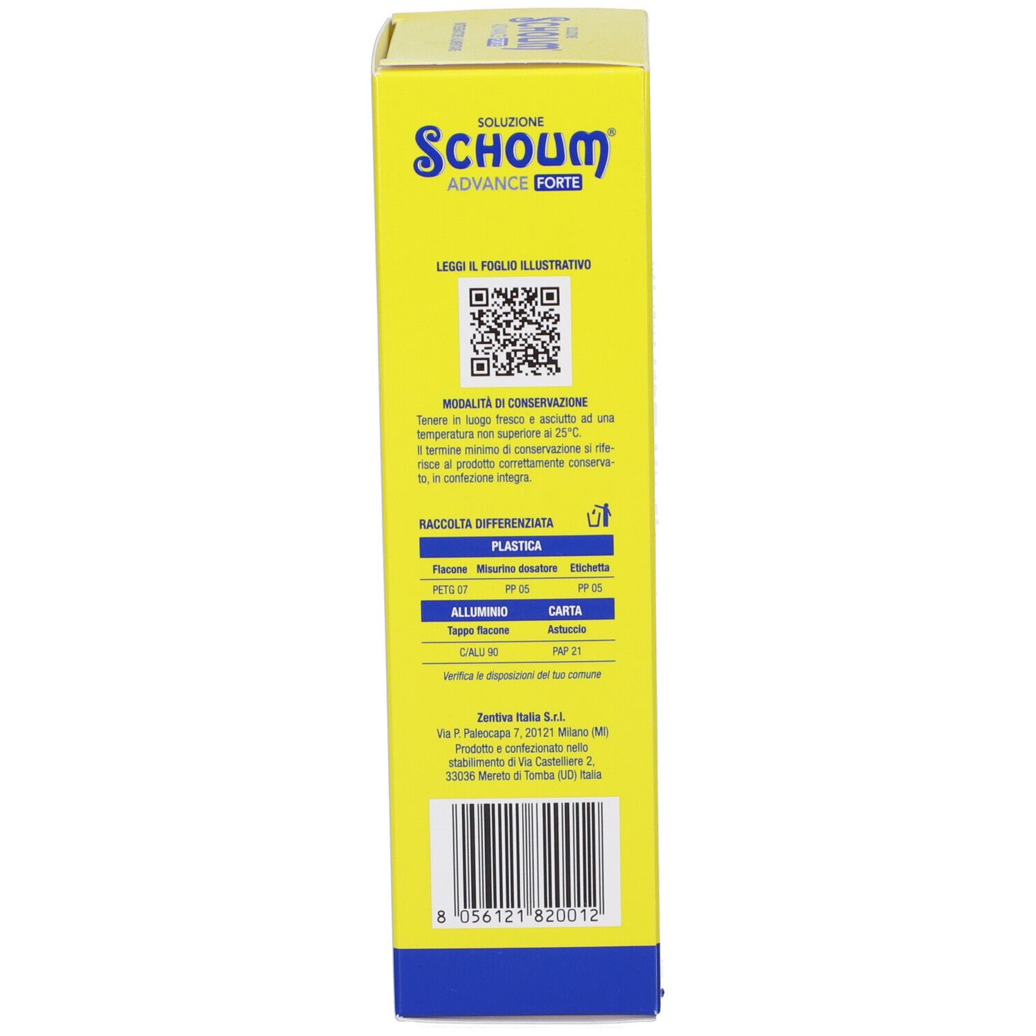 Scatola gialla. Scritta: Schoum Advance Forte. Informazioni di conservazione e riciclaggio. Logo ZENTIVA.
