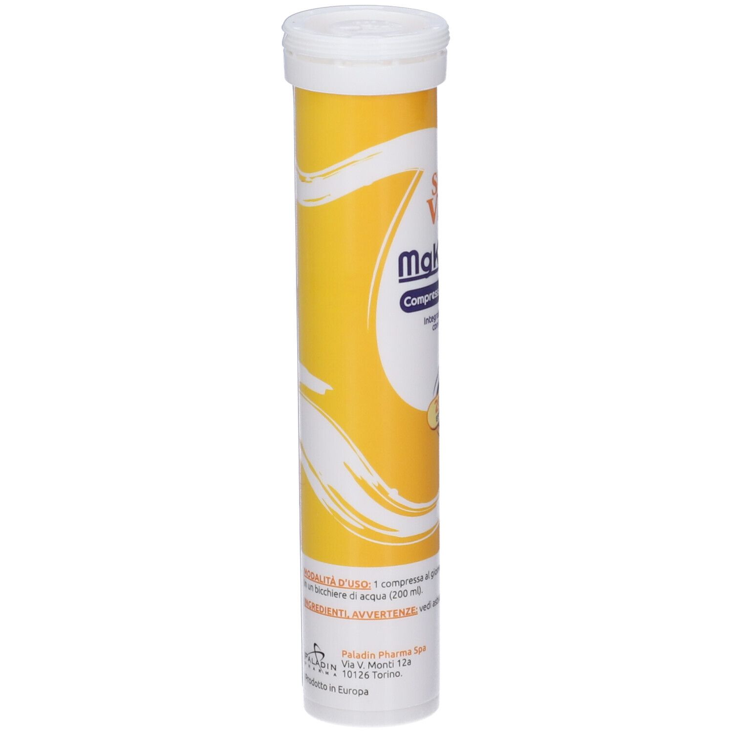 Tubo cilindrico con tappo bianco. Design giallo e bianco. Scritte con informazioni sul prodotto e indirizzo del produttore.