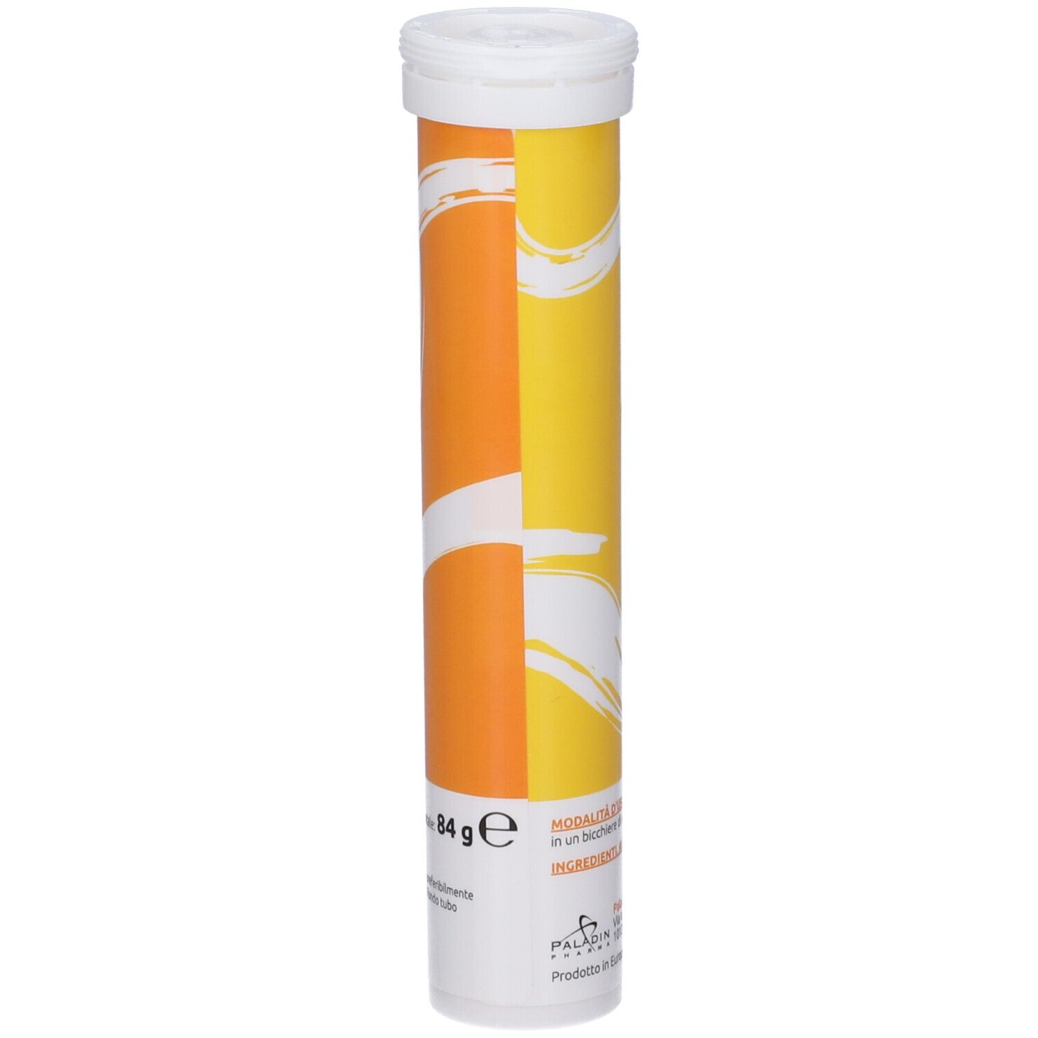 Tubo cilindrico, bicolore giallo-arancio. Tappo bianco. Scritte con informazioni sul prodotto. Peso netto 84g.
