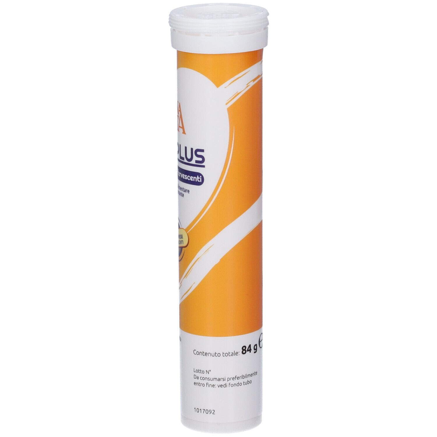 Tubo cilindrico con tappo bianco. Design giallo e bianco. Scritte con informazioni sul prodotto. Peso netto 84g.