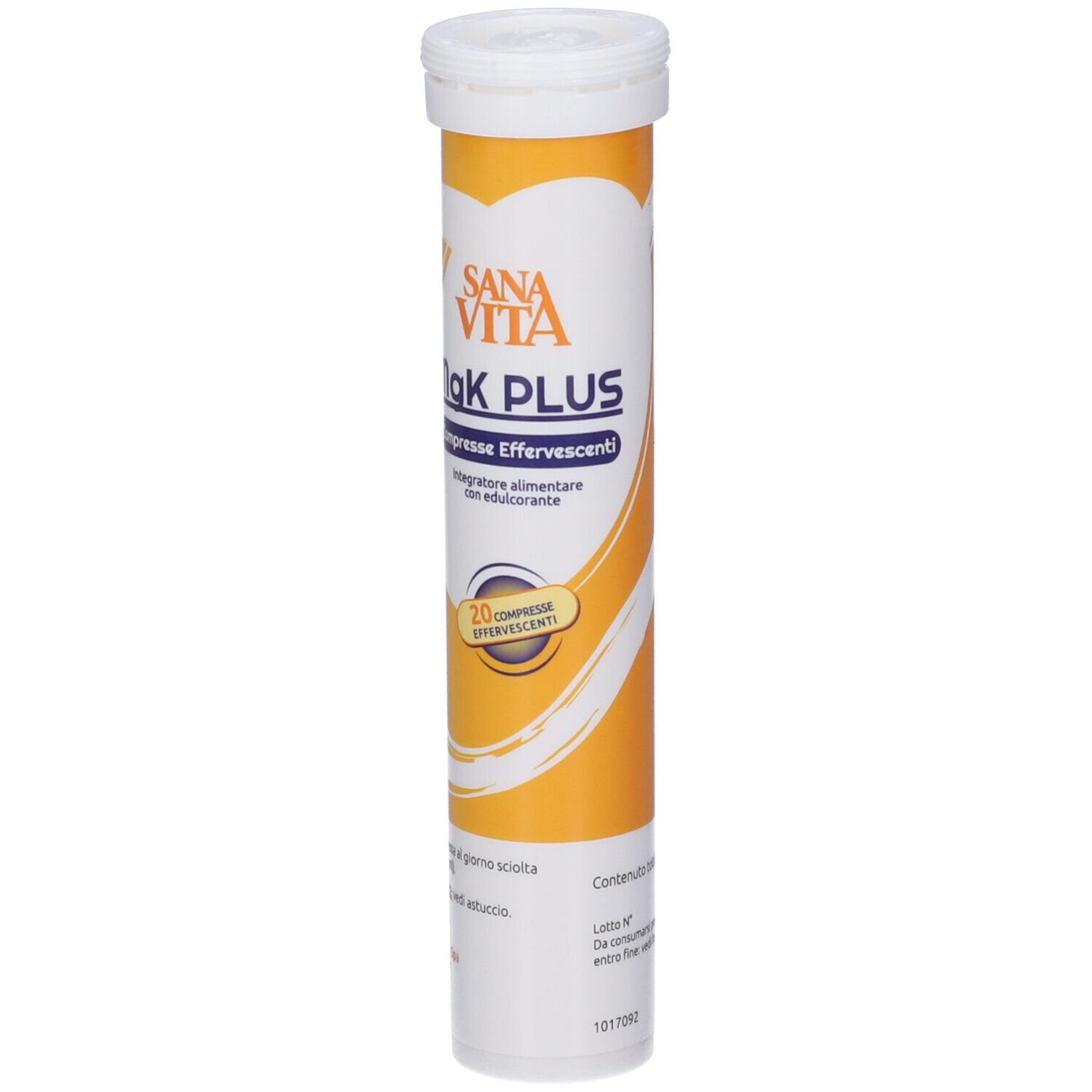 Tubo cilindrico con tappo bianco. Scritta: Sanavita MgK PLUS, compresse effervescenti. Colori giallo e bianco. 20 compresse.