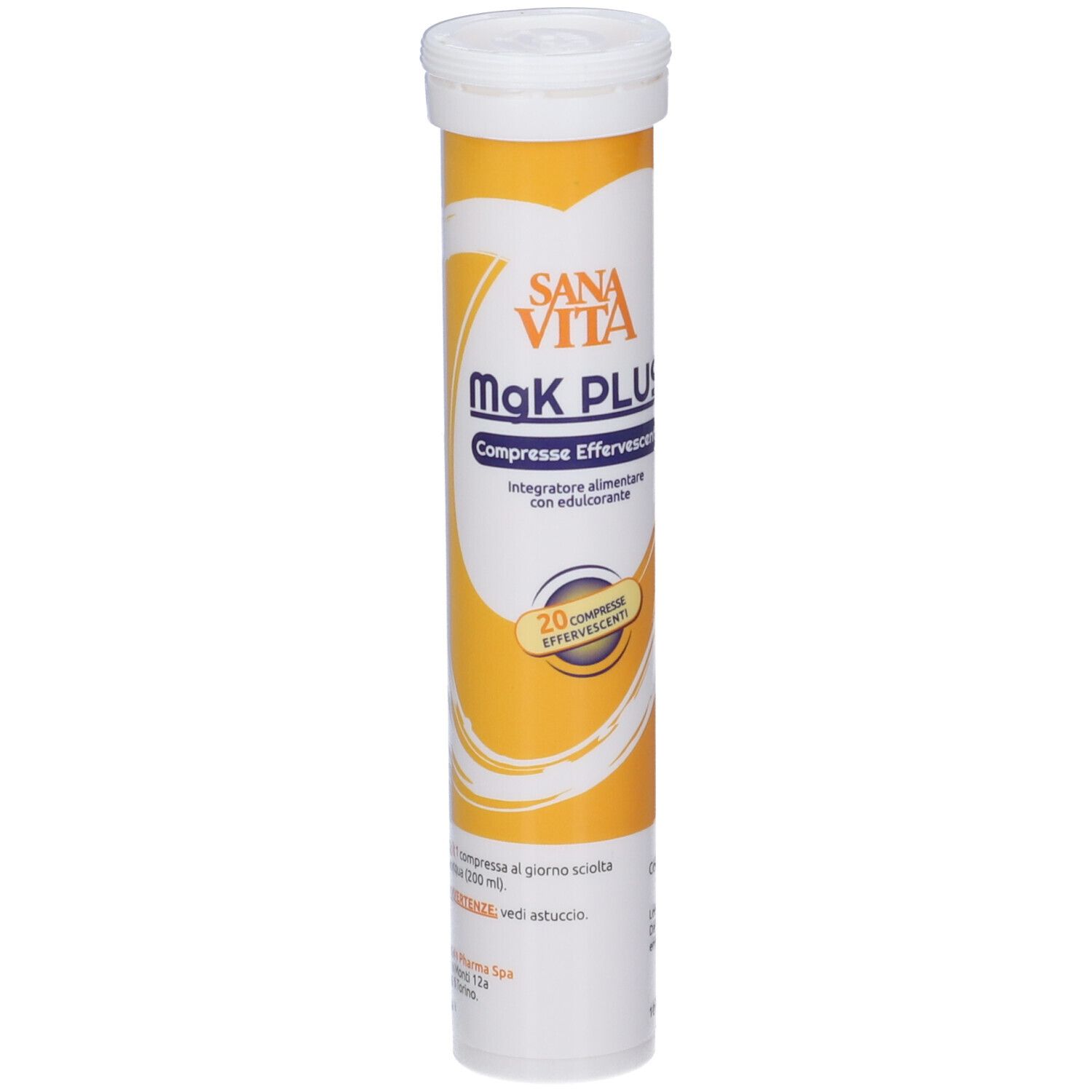 Tubo cilindrico con tappo bianco. Scritta: Sanavita MgK PLUS, compresse effervescenti. Colori giallo e bianco. 20 compresse.