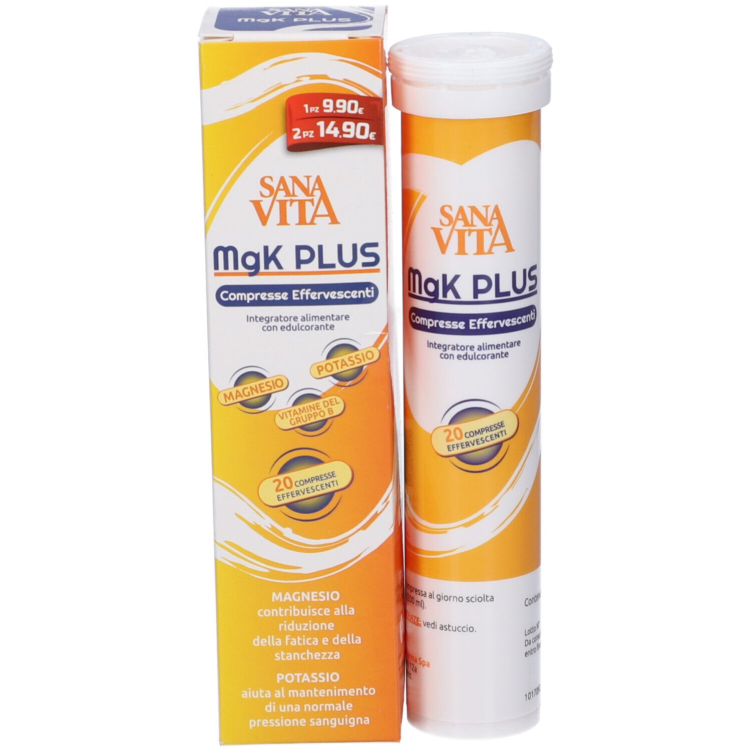 Confezione del prodotto con tubo e scatola. Tubo: Sanavita MgK PLUS, compresse effervescenti. Scatola: informazioni sul prodotto, ingredienti.