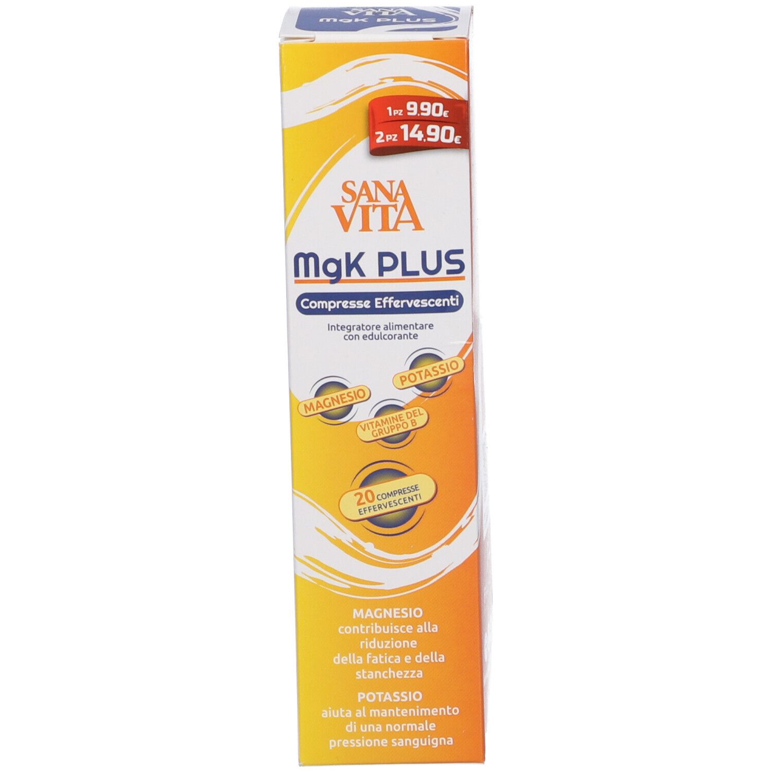 Confezione del prodotto, scatola. Scritta: Sanavita MgK PLUS, compresse effervescenti. Informazioni sul prodotto, ingredienti, magnesio, potassio.