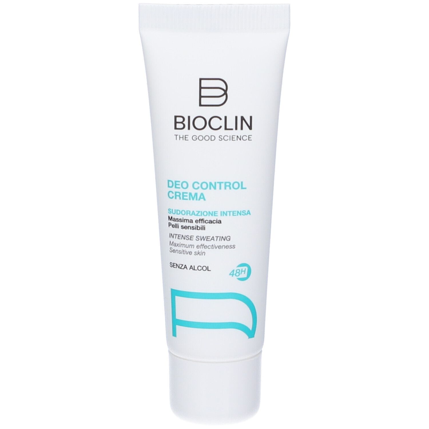 Tubo bianco con testo blu. Contiene Bioclin Deo Control Crema. Testo: Intense Sweating, 48H.