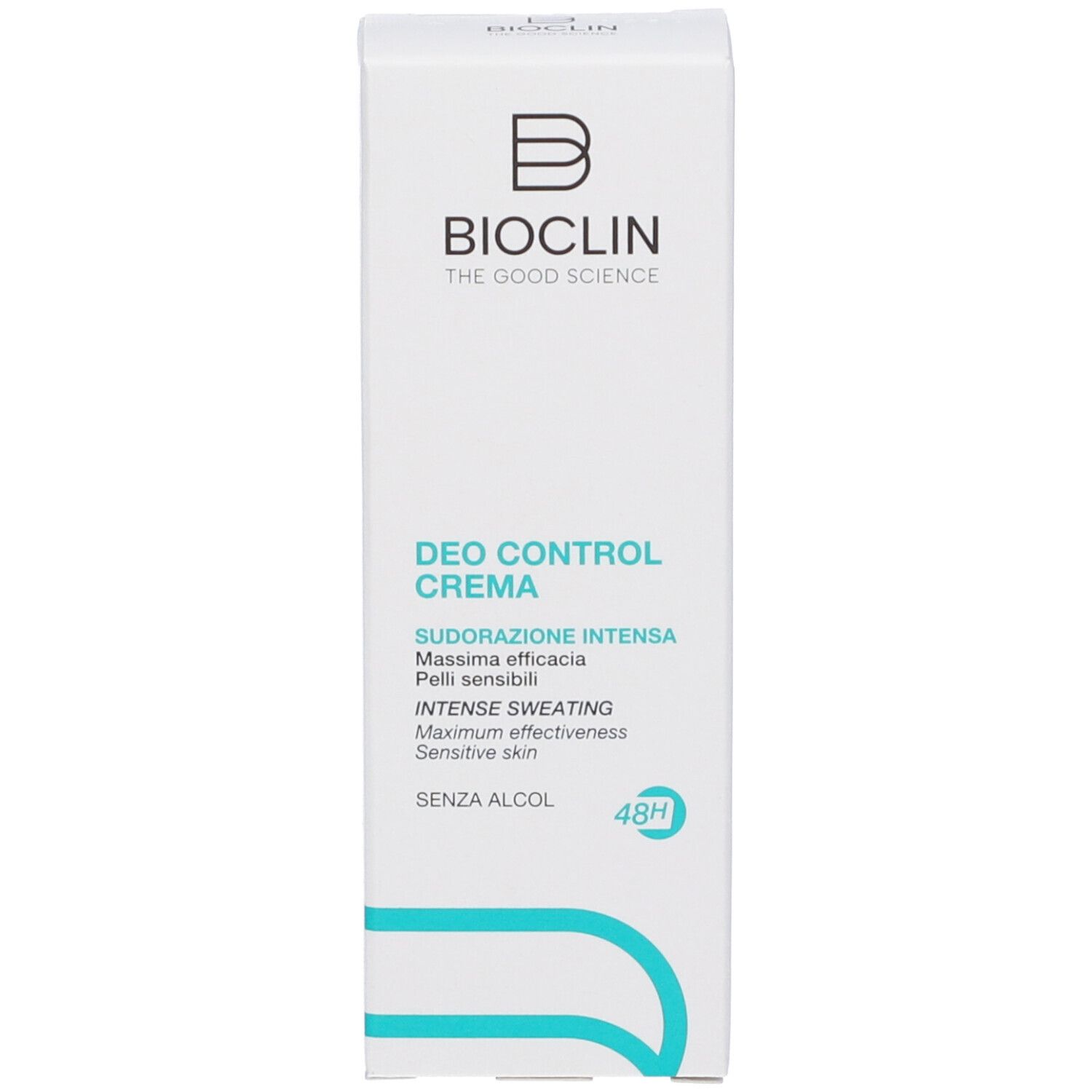 Scatola bianca con testo blu. Contiene Bioclin Deo Control Crema. Testo: Intense Sweating, 48H.