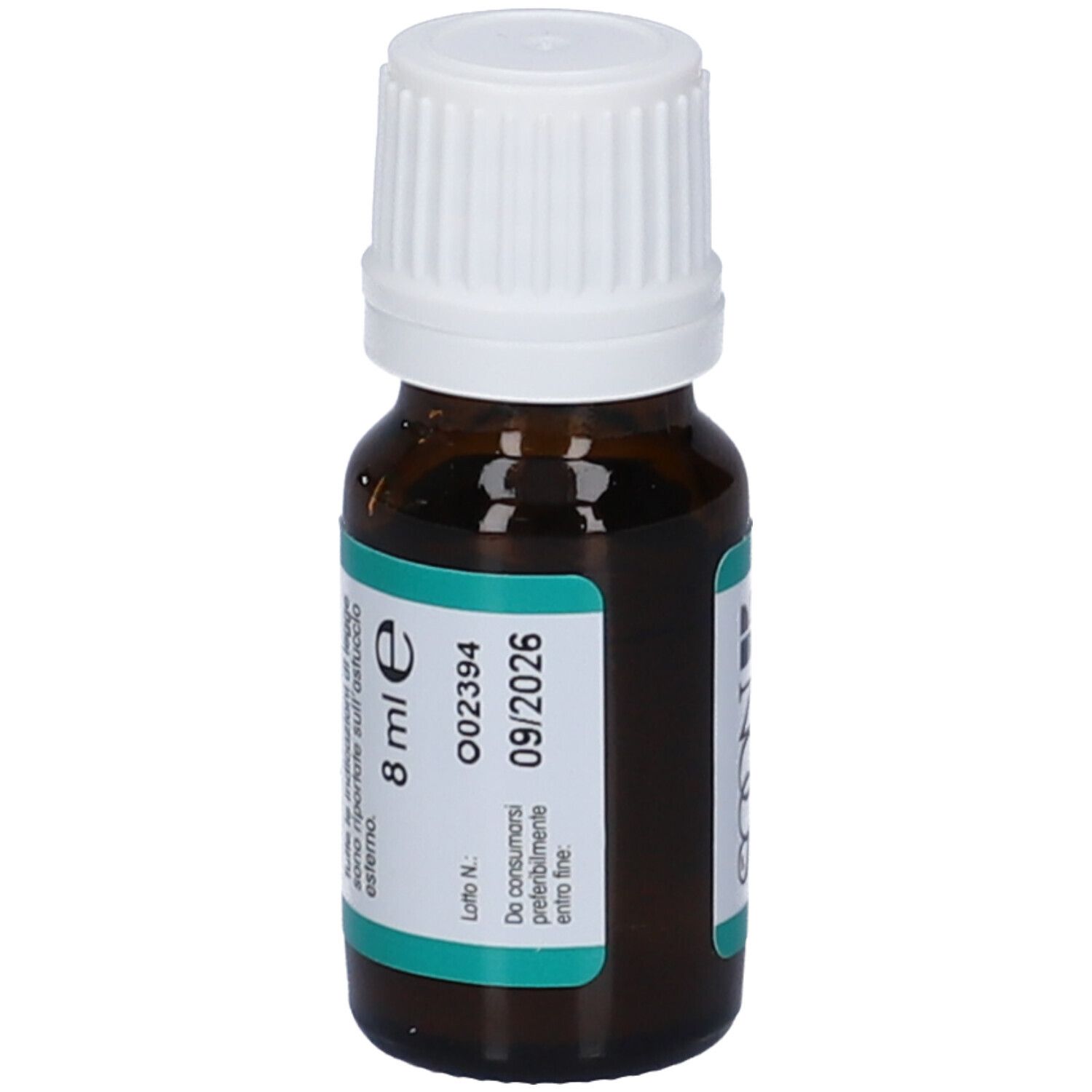 Flacone di vetro marrone con tappo bianco. Etichetta con testo: 8 ml, 09/2026. Contagocce.