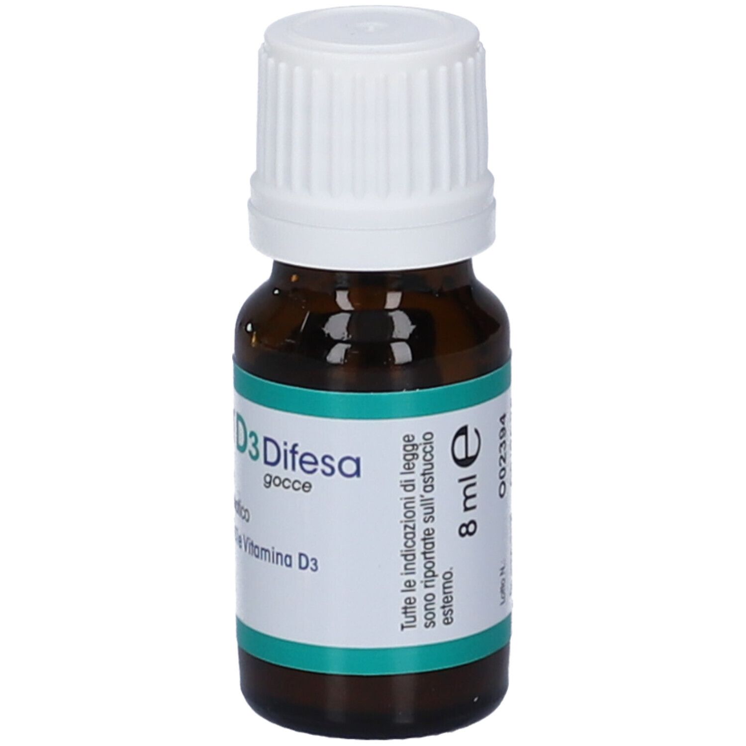 Flacone di vetro marrone con tappo bianco. Etichetta con testo: D3 Difesa, 8 ml. Contagocce.