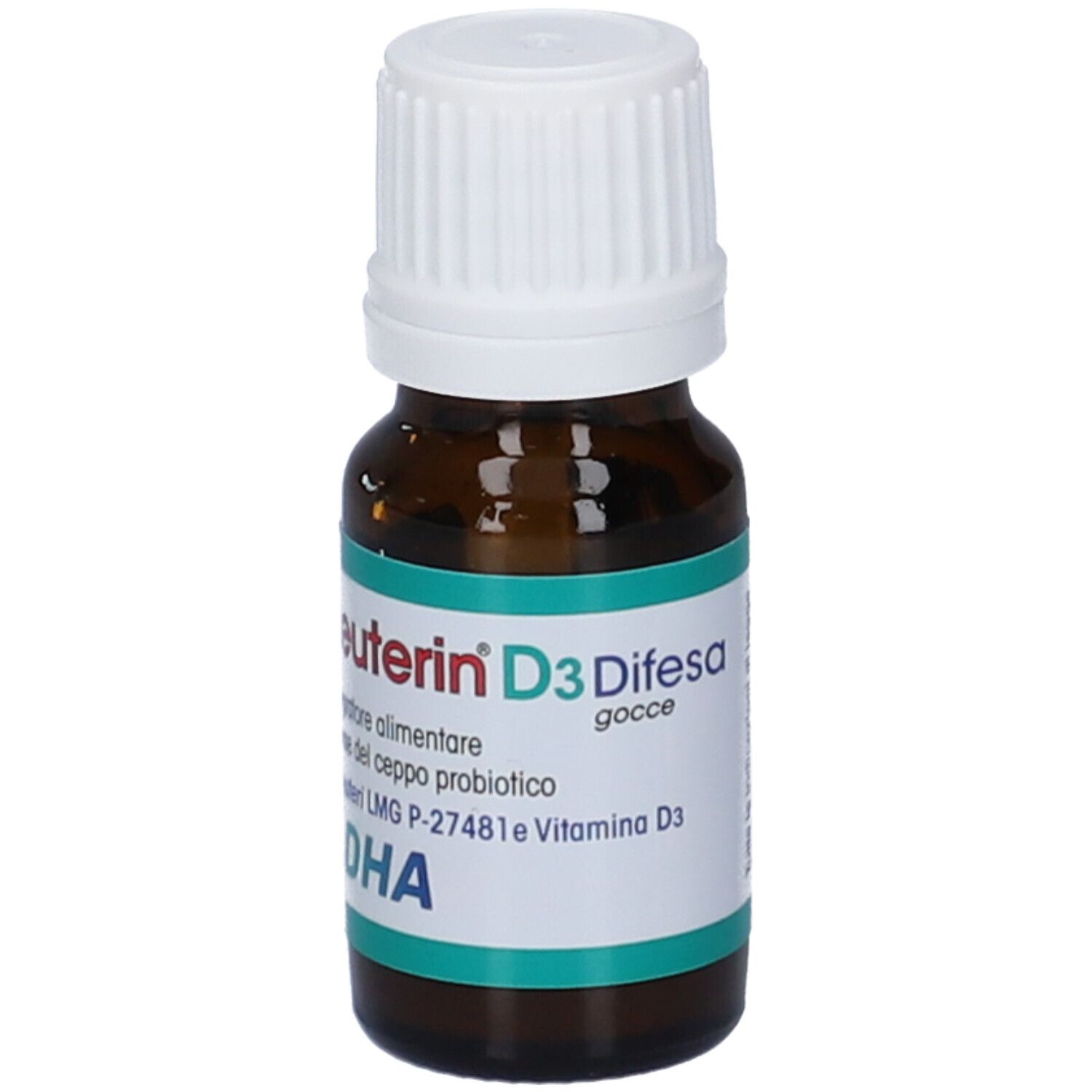 Flacone di vetro marrone con tappo bianco. Etichetta con testo: Reuterin D3 Difesa, DHA. Contagocce.