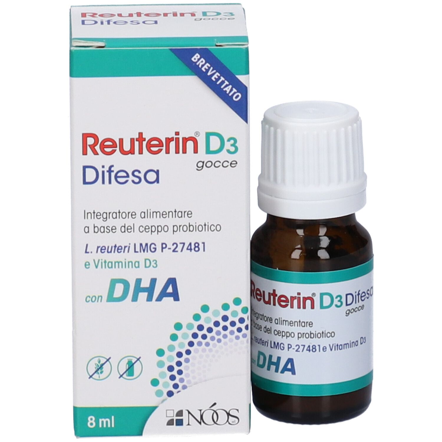 Confezione e flacone. Scatola con testo: Reuterin D3 Difesa, DHA, 8 ml. Contagocce.