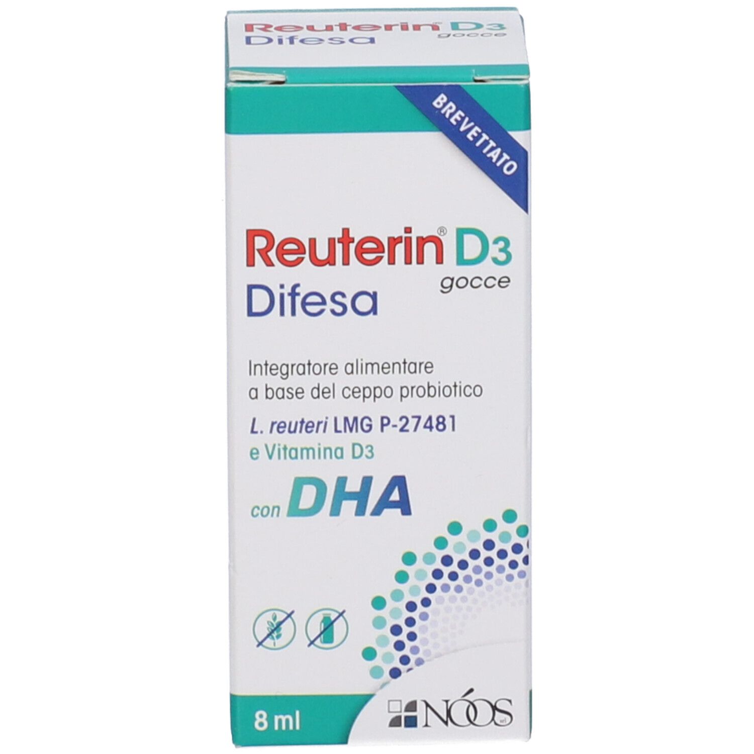 Confezione e flacone. Scatola con testo: Reuterin D3 Difesa, DHA, 8 ml. Contagocce.