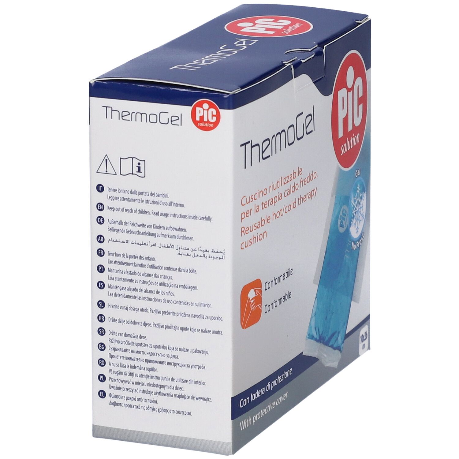 Confezione ThermoGel. Informazioni sul prodotto e avvertenze sul lato. Marchio PIC.