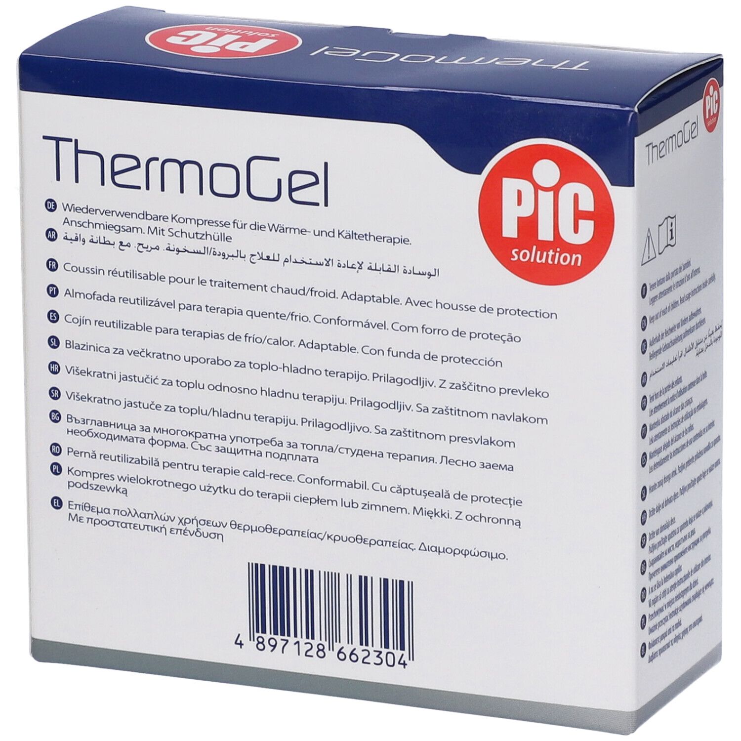 Retro della confezione ThermoGel. Descrizioni multilingue del prodotto. Marchio PIC.