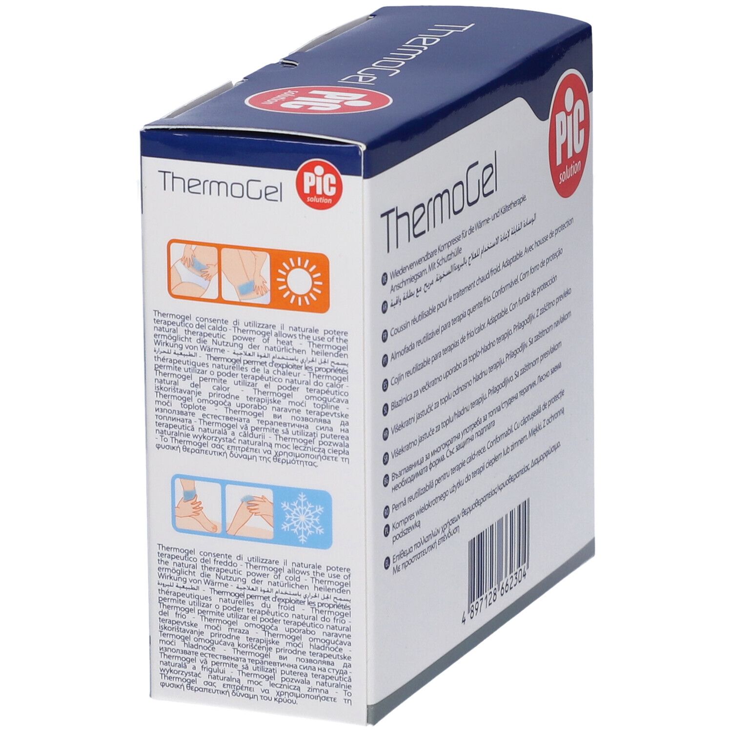Lato della confezione ThermoGel. Informazioni sul prodotto ed esempi di utilizzo. Marchio PIC.