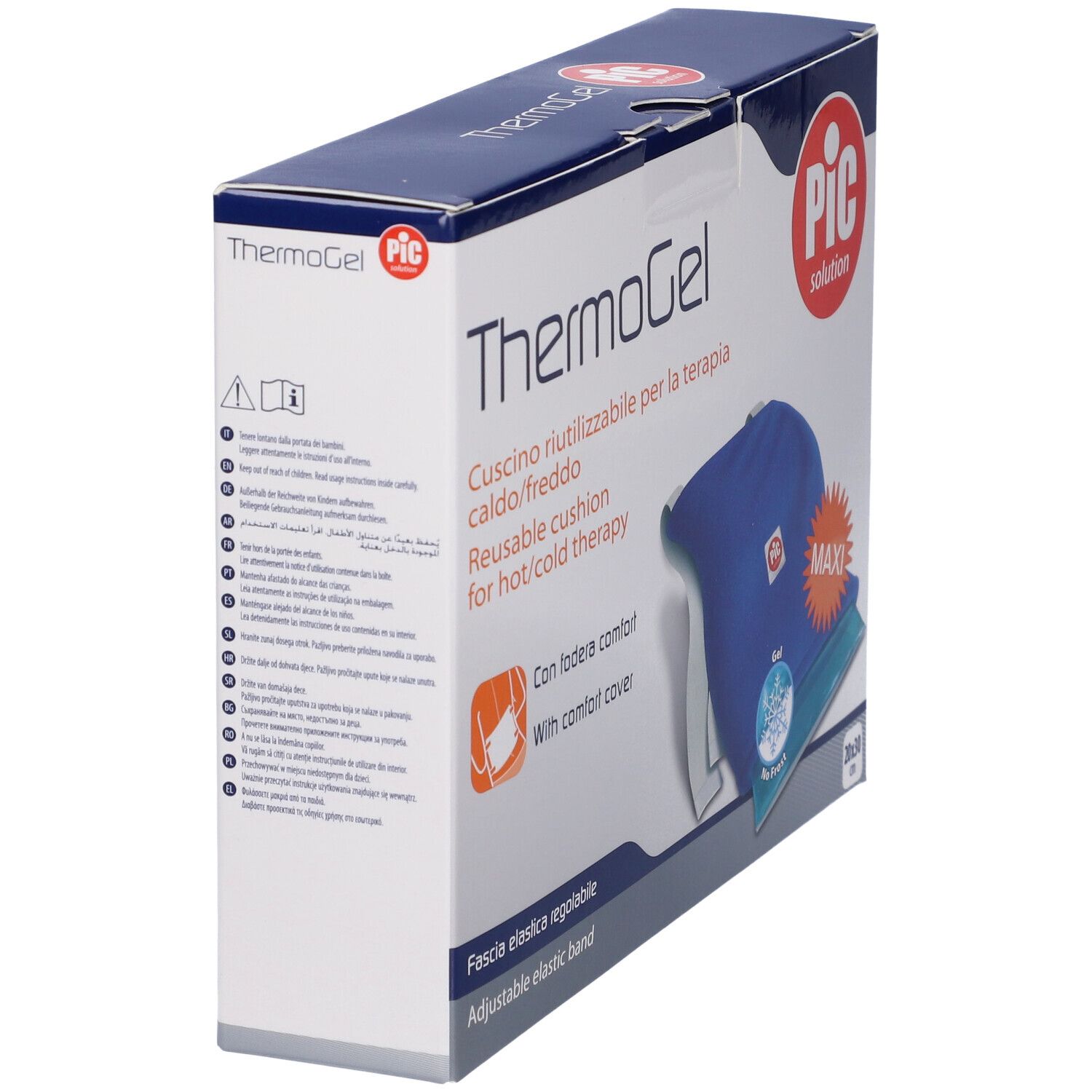 Confezione con cuscino ThermoGel blu. Testo: ThermoGel, PIC. Riutilizzabile caldo/freddo.