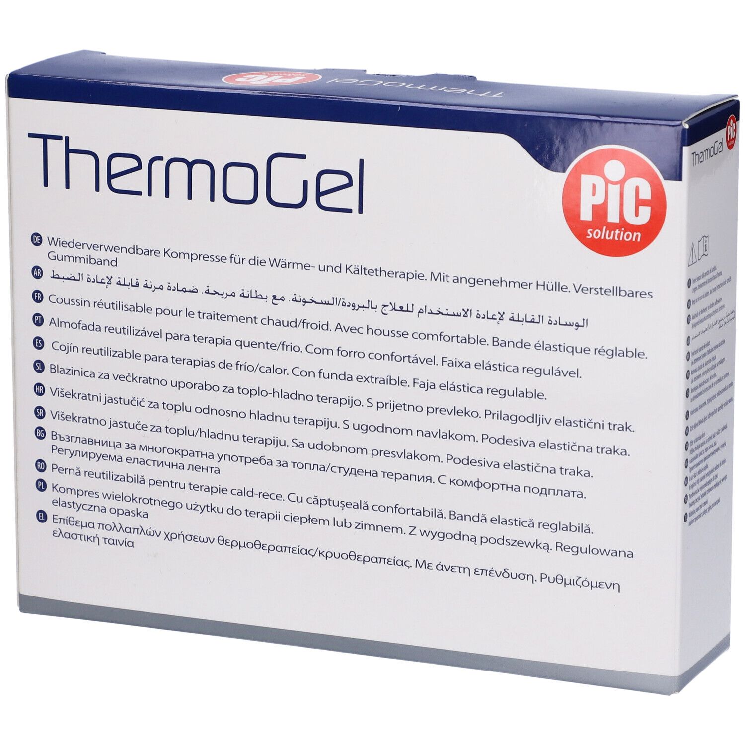Confezione, testo: ThermoGel, PIC. Cuscino riutilizzabile caldo/freddo. Con fascia elastica.
