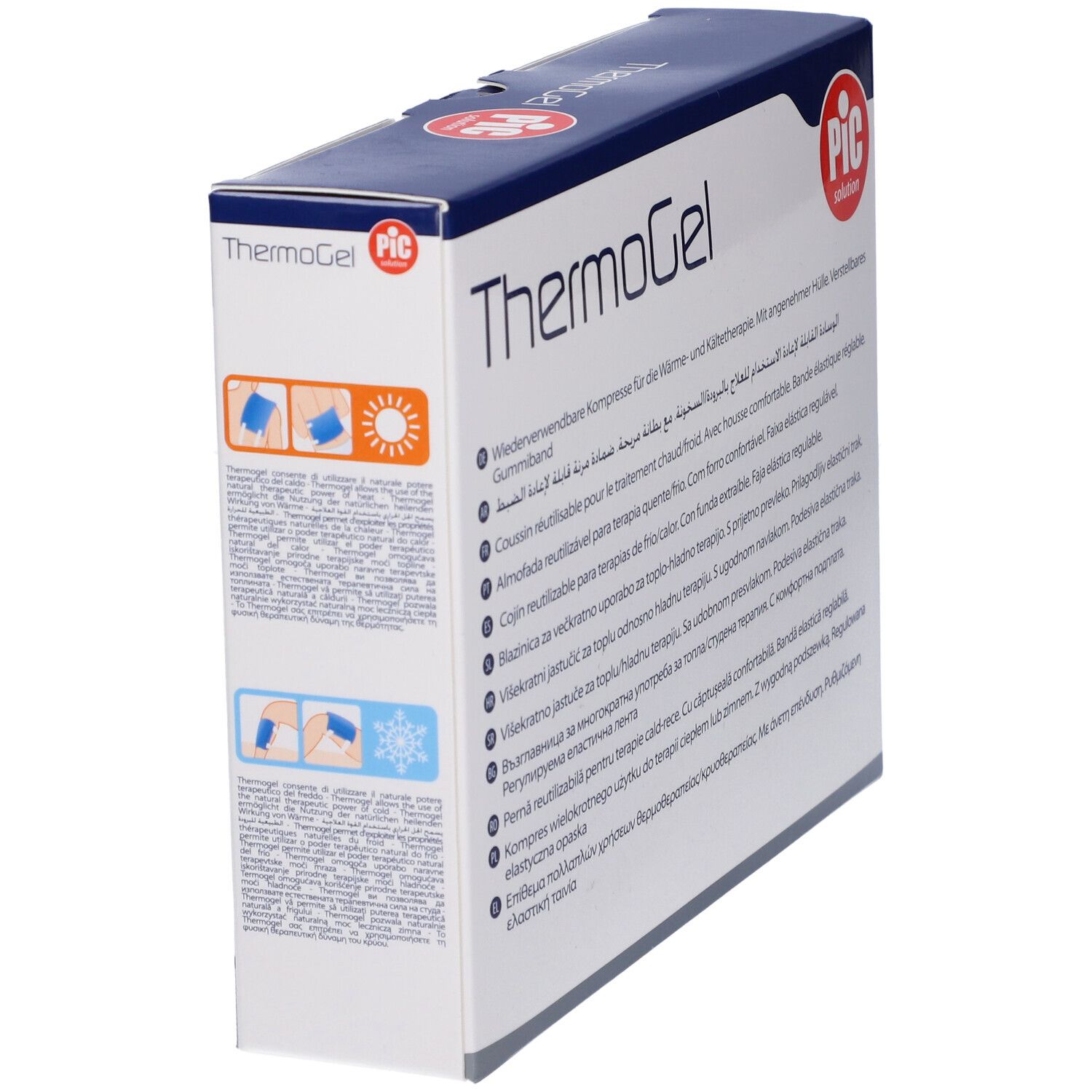 Confezione, testo: ThermoGel, PIC. Cuscino riutilizzabile caldo/freddo. Illustrazioni.