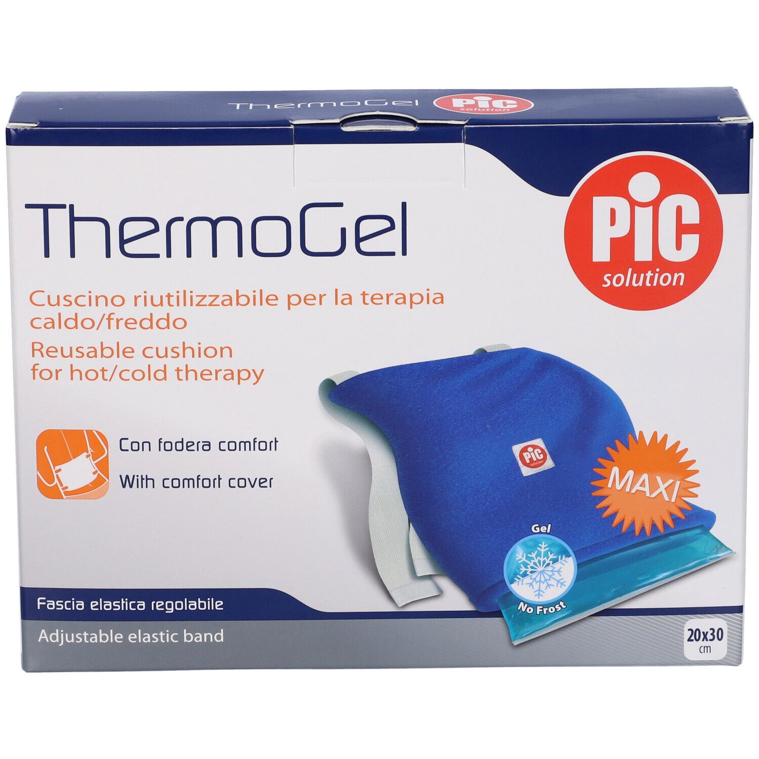 Cuscino ThermoGel blu con fodera bianca, confezione. Dimensione 20x30cm. Marchio PIC.