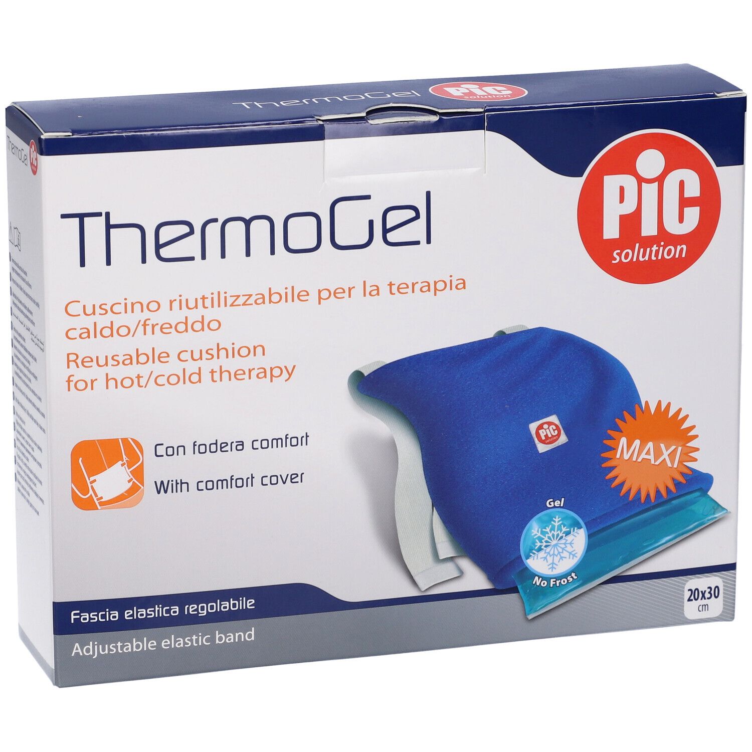 Cuscino ThermoGel blu con fodera bianca, confezione. Dimensione 20x30cm. Marchio PIC.