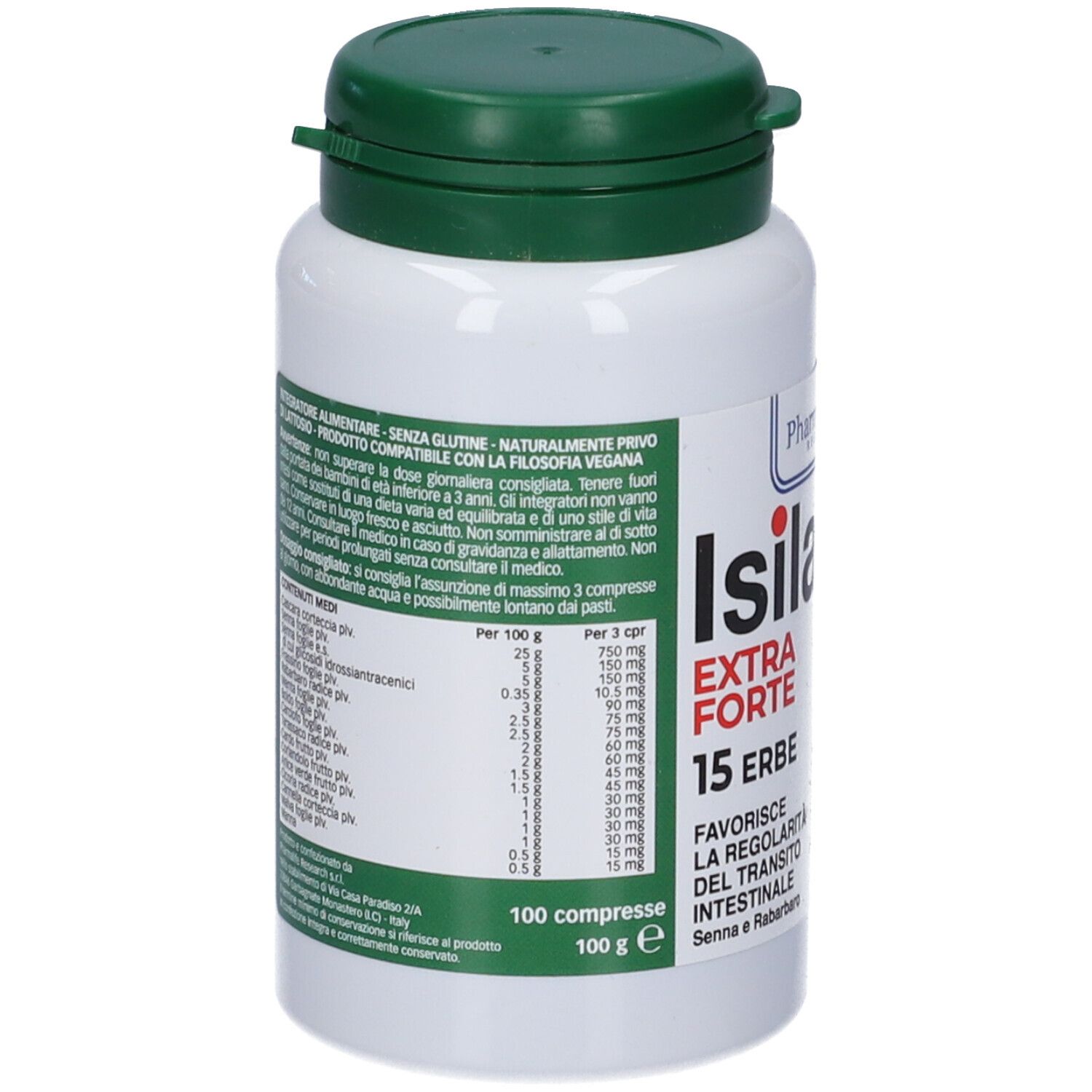 Retro del flacone. Testo con ingredienti e informazioni nutrizionali. Scritta: 100 compresse, 100 g.