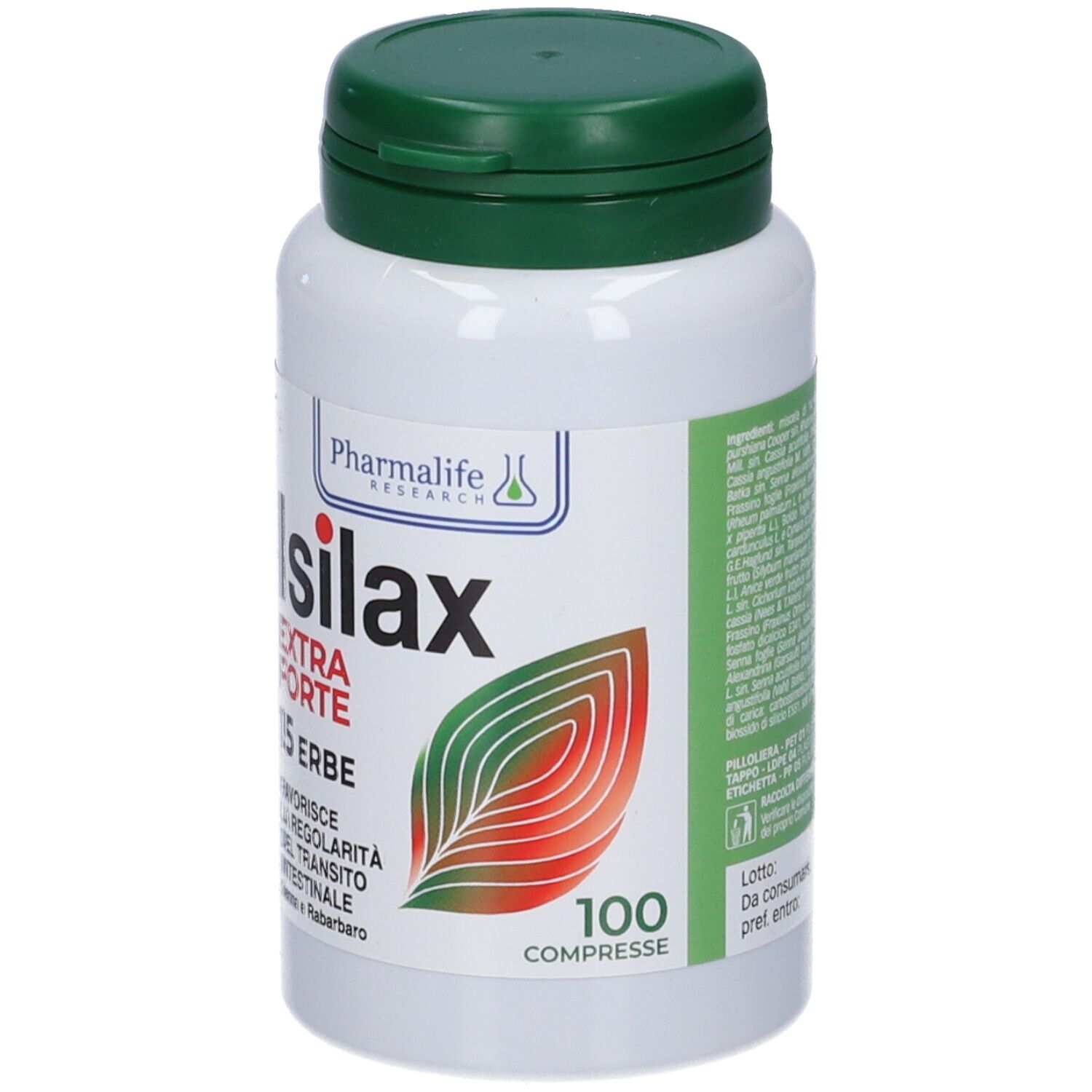 Flacone bianco, tappo verde. Scritta: Isilax Extra Forte, 15 Erbe, 100 compresse. Logo PharmaLife Research.