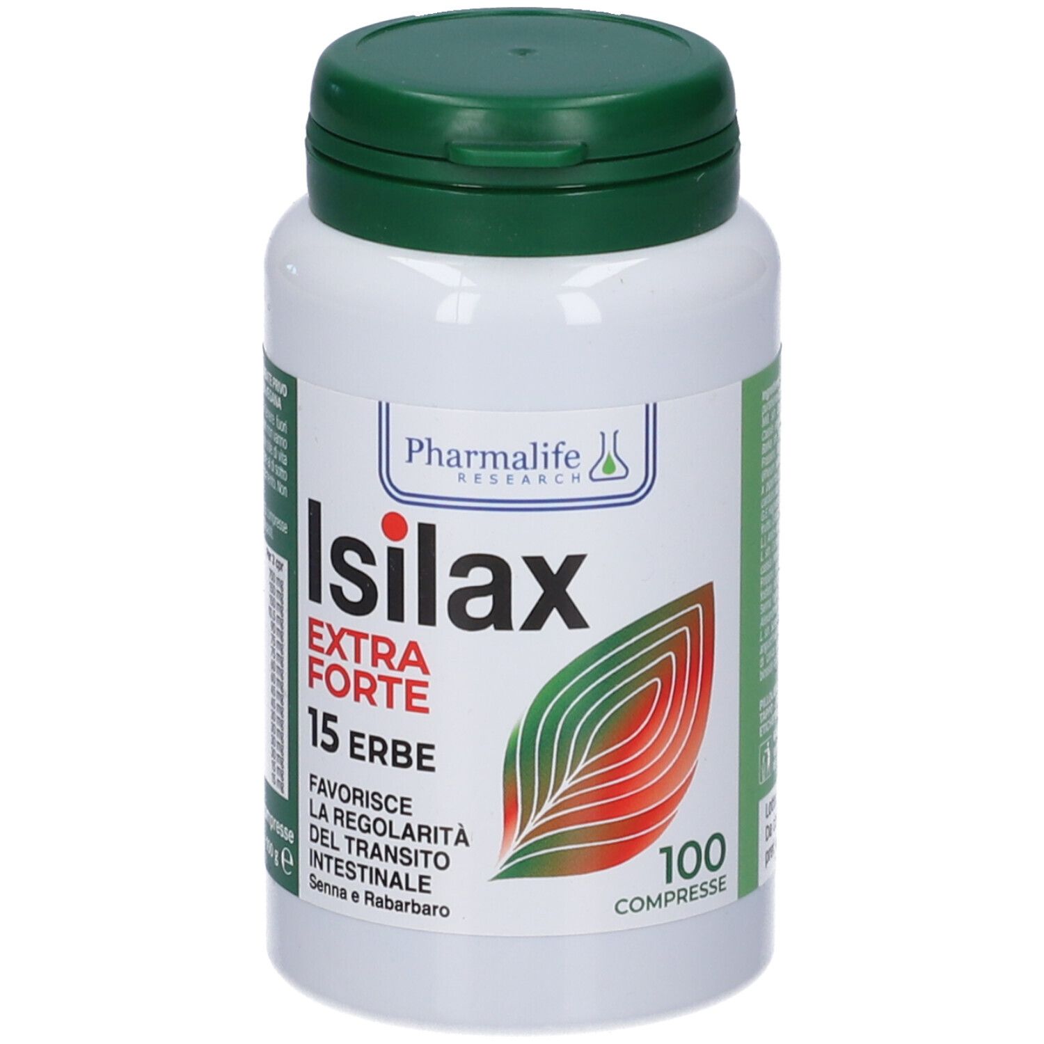 Flacone bianco, tappo verde. Scritta: Isilax Extra Forte, 15 Erbe, 100 compresse. Logo PharmaLife Research.