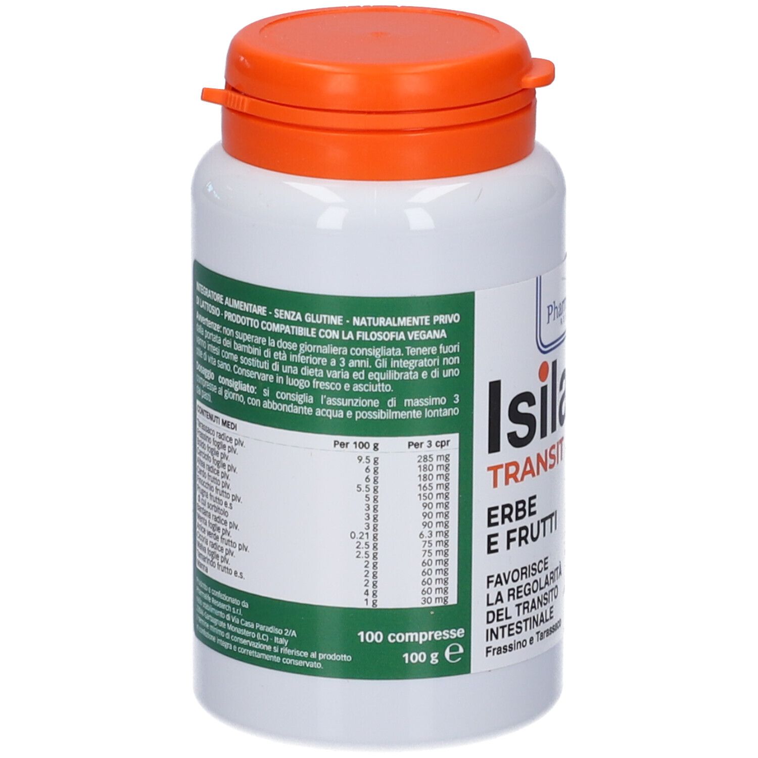 Retro del flacone. Testo con informazioni nutrizionali e ingredienti. 100 compresse, 100 g.