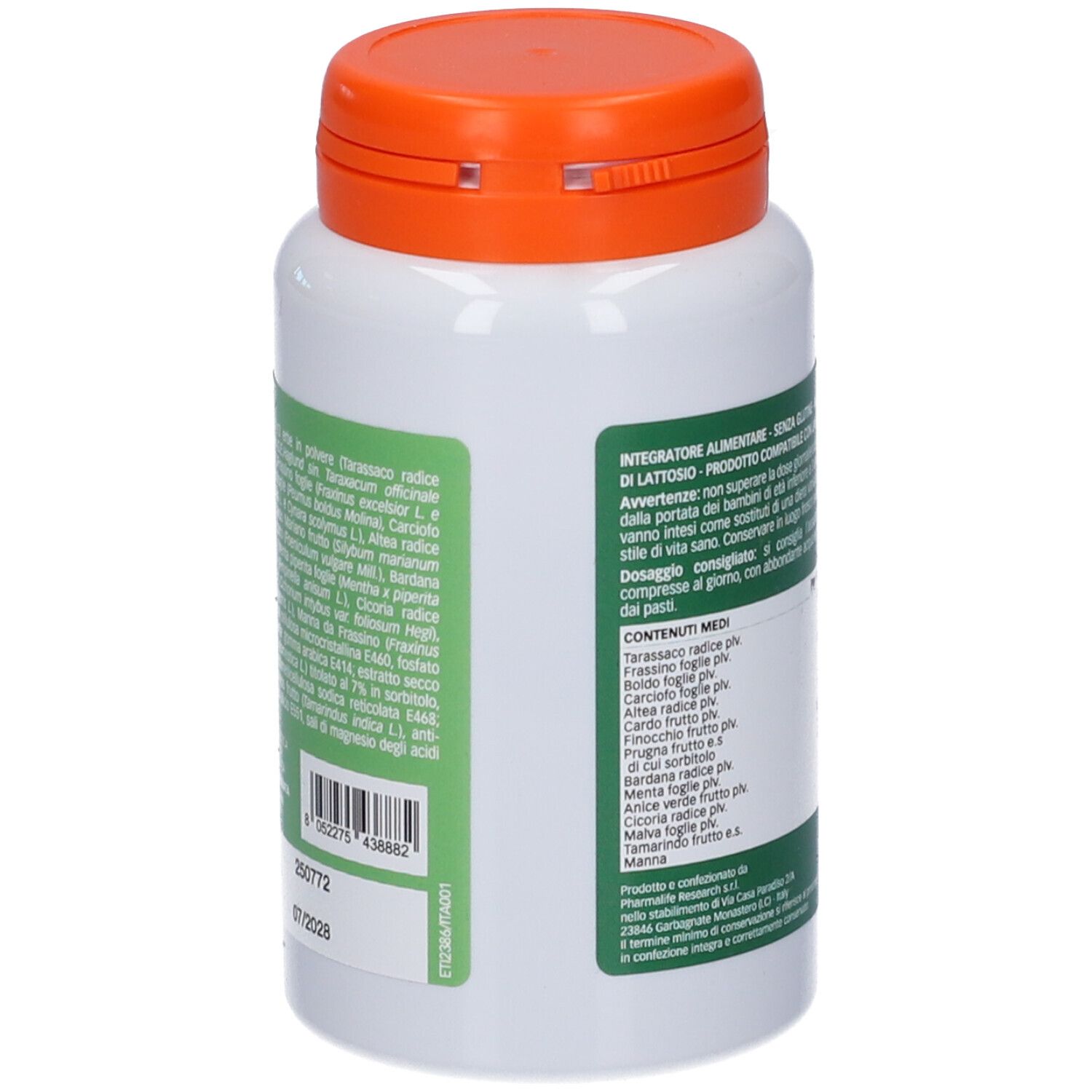 Retro del flacone. Elenco degli ingredienti. Codice a barre e numero di lotto.