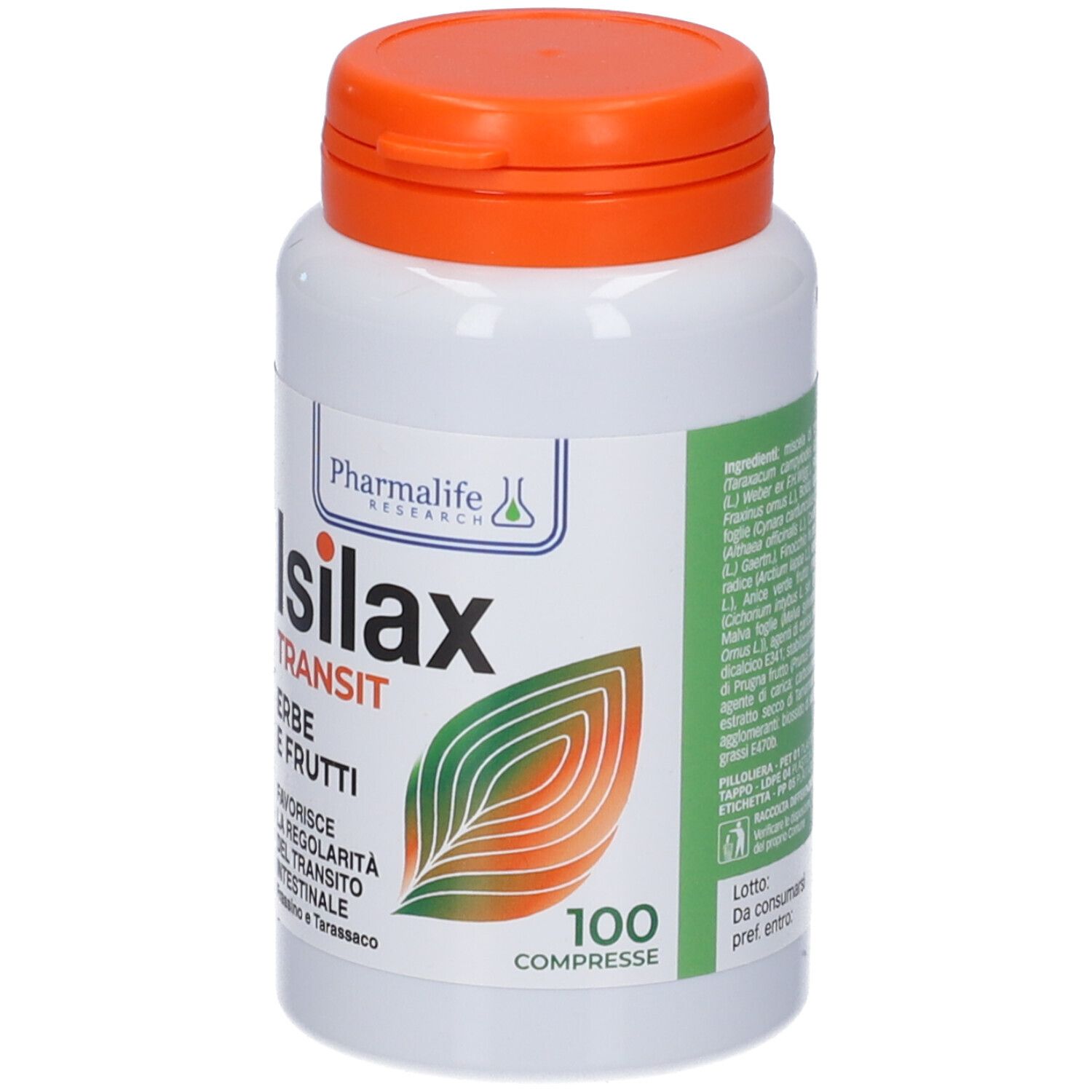 Flacone bianco, tappo arancione. Scritta: Isilax Transit, 100 compresse. Design foglia verde-arancio.