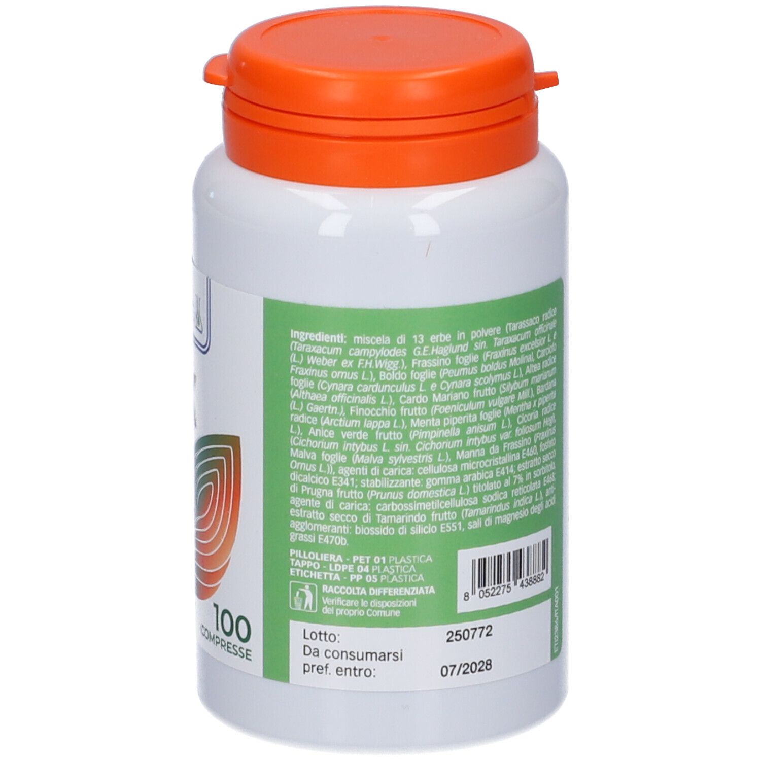 Retro del flacone. Elenco ingredienti, numero di lotto e data di scadenza.