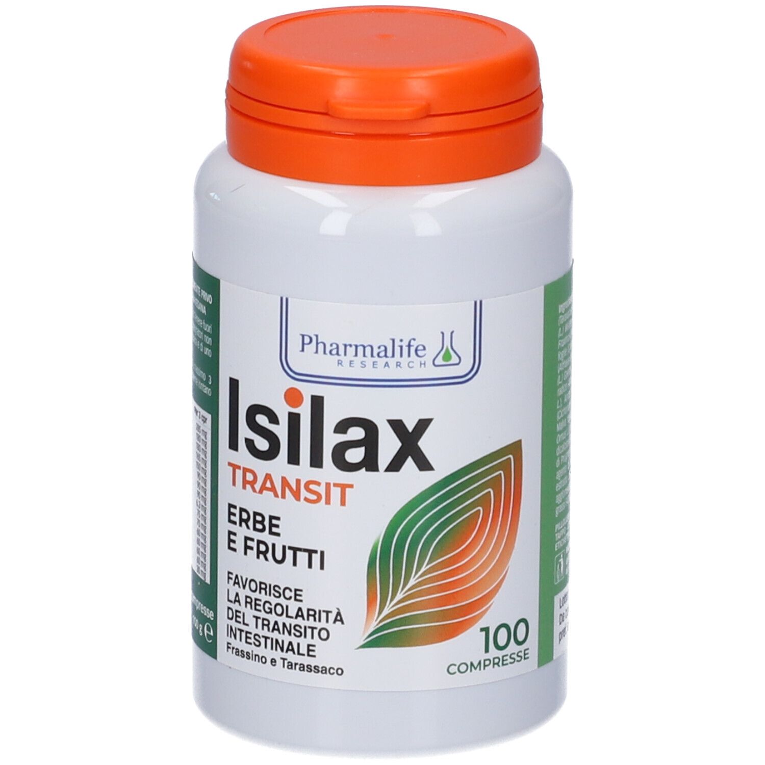 Flacone bianco, tappo arancione. Scritta: Isilax Transit, 100 compresse. Design foglia verde-arancio.