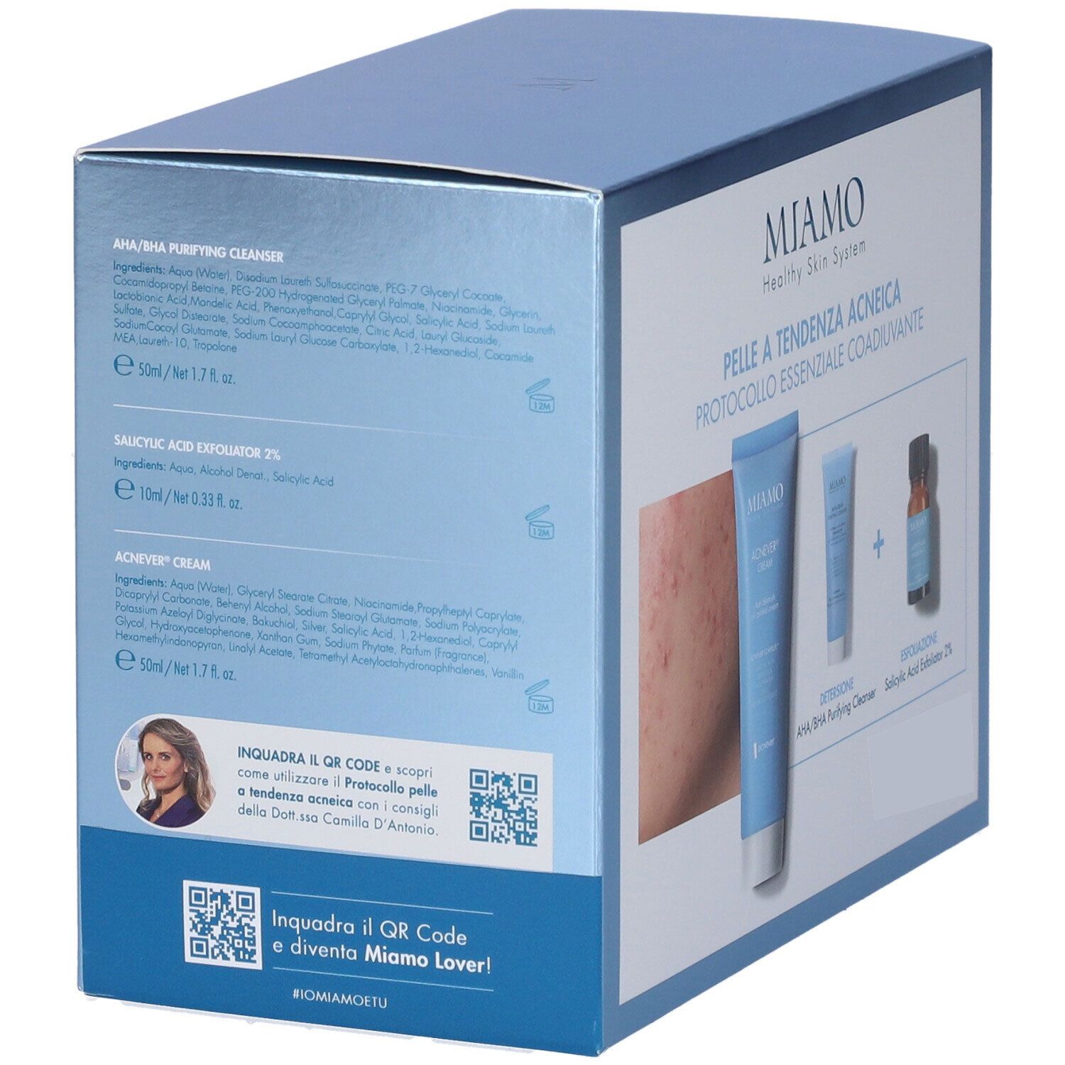Retro confezione Miamo. Ingredienti e QR code. Testi: AHA/BHA Purifying Cleanser, Salicylic Acid Exfoliator 2%.