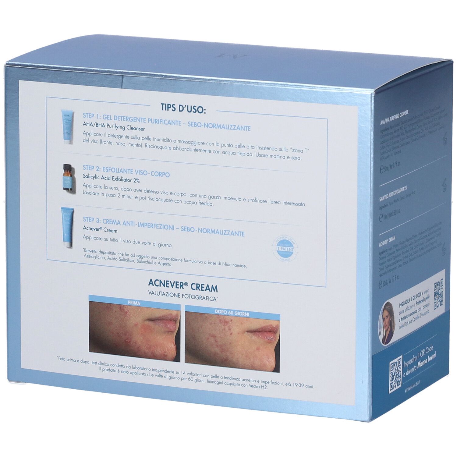 Retro confezione Miamo. Istruzioni per l'uso. Foto prima/dopo di pelle con acne.