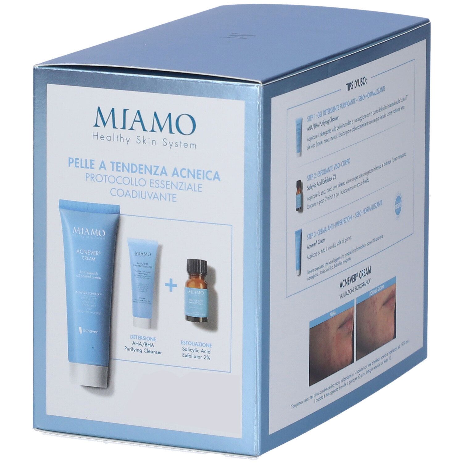 Confezione Miamo. Tre prodotti illustrati. Testi: Pelle a Tendenza Acneica, AHA/BHA Purifying Cleanser, Salicylic Acid Exfoliator 2%.